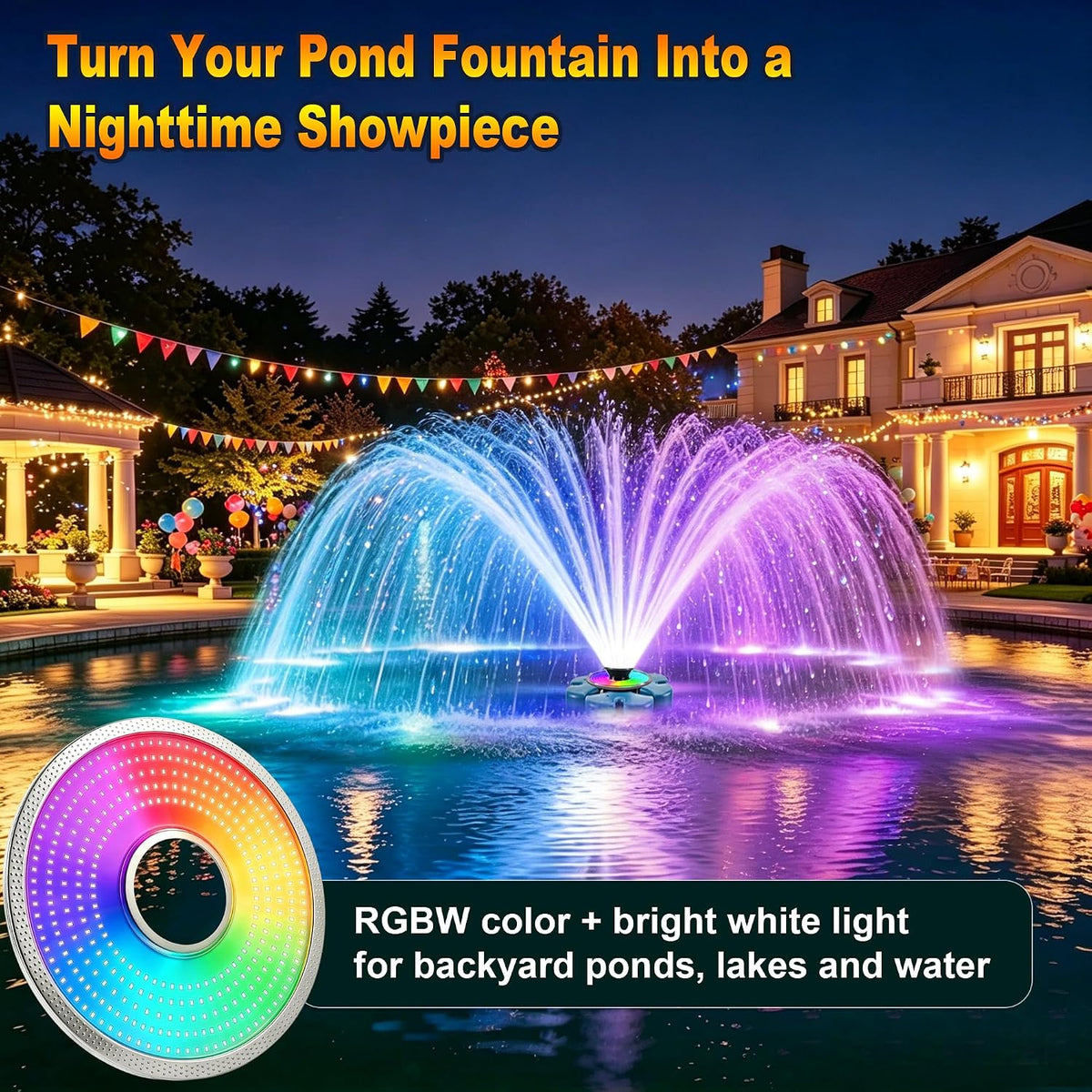 RELIY Pond Fountain Aerator 50W RGBW Fountain Light Upgrade Kit for, 10000LM 360-Degree LED Light Ring, 100FT Cord, IP68 Stainless Steel Pond Light for Lakes, Water Gardens