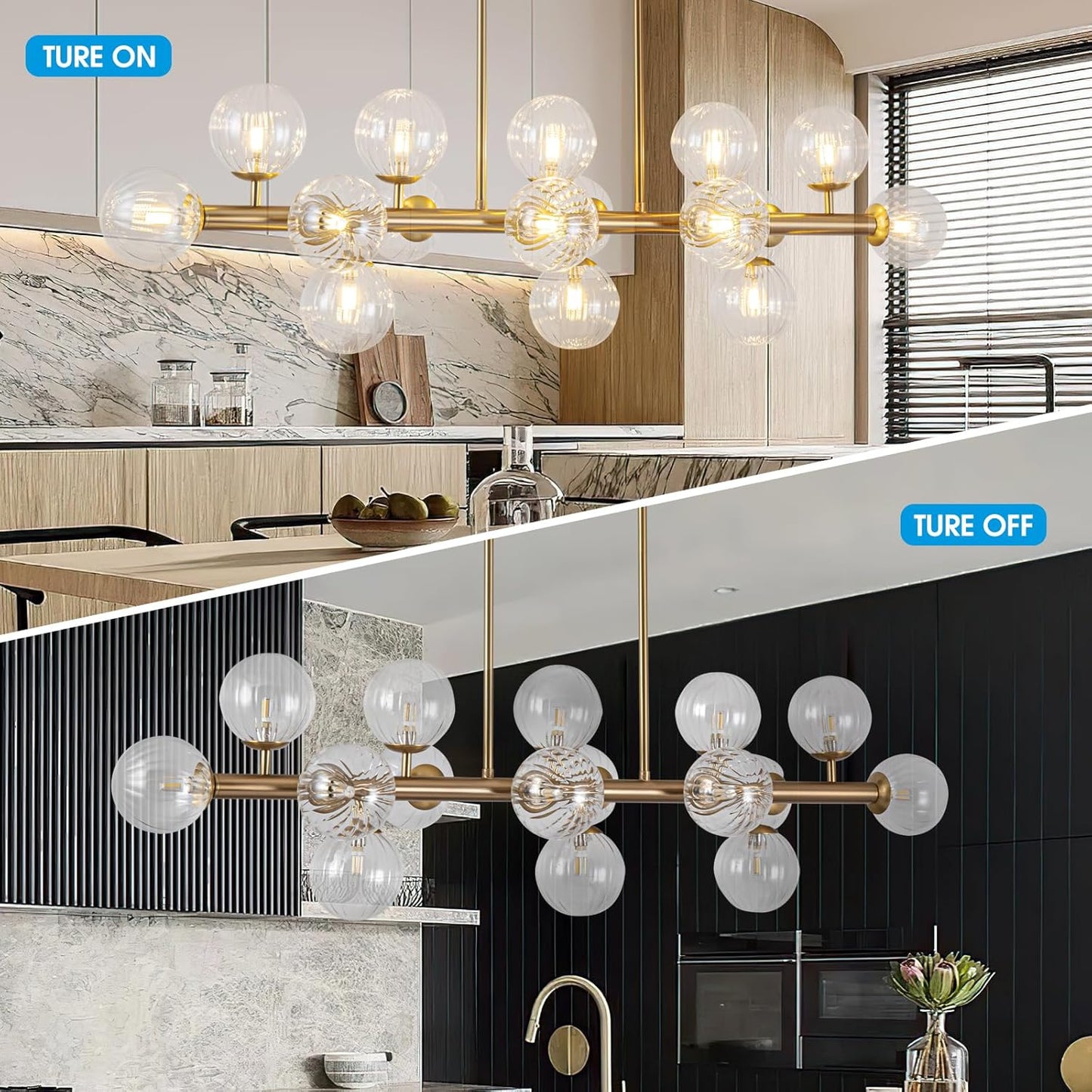 Wndtu Modern Chandelier Gold Linear Rectangle Chandelier Luxuly Pendant Ceiling Light Fixture for Dining Living Room Kitchen Island 16-Light