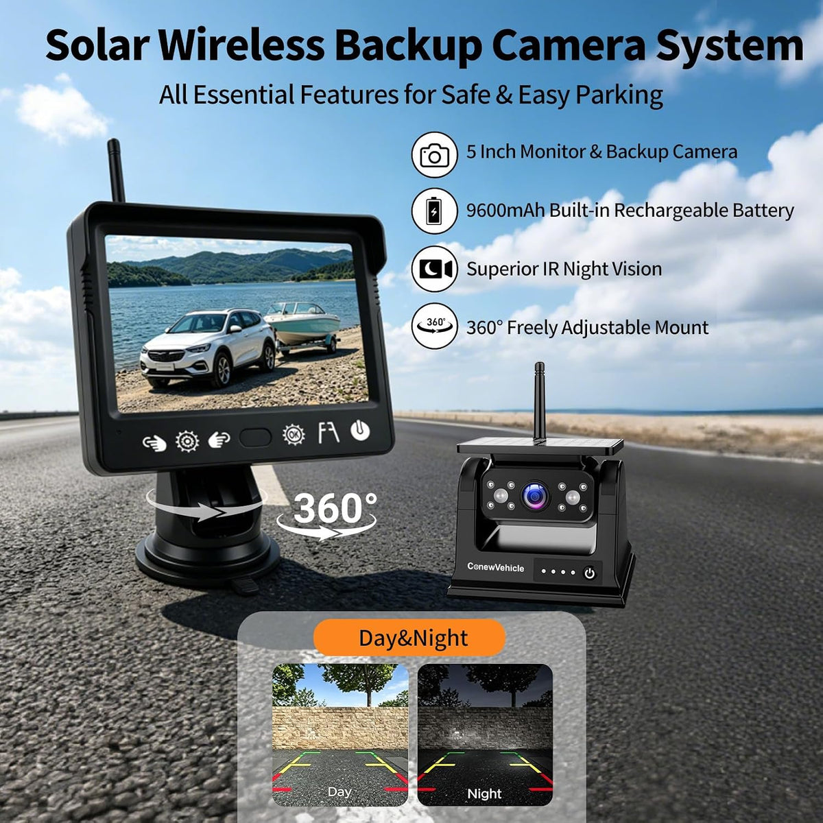Magnetic Solar Wireless Backup Camera with 5 Inch Monitor 5In Monitor+1*Cam