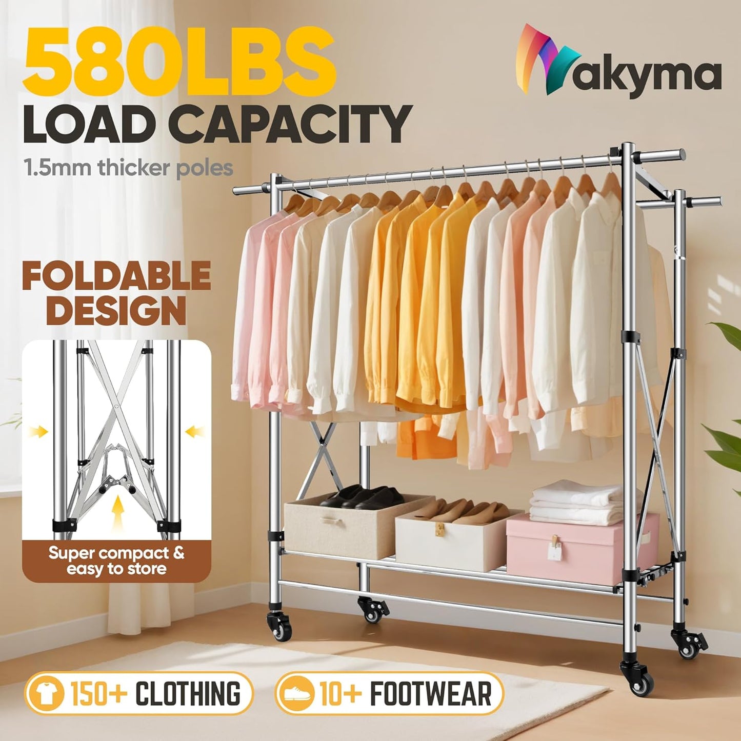 Clothes Rack - Heavy Duty Clothes Rack Load 580 LBS, Rolling Clothing Rack with Wheels, Collapsible  Adjustable Clothes Rack with Wheels Garment Rack