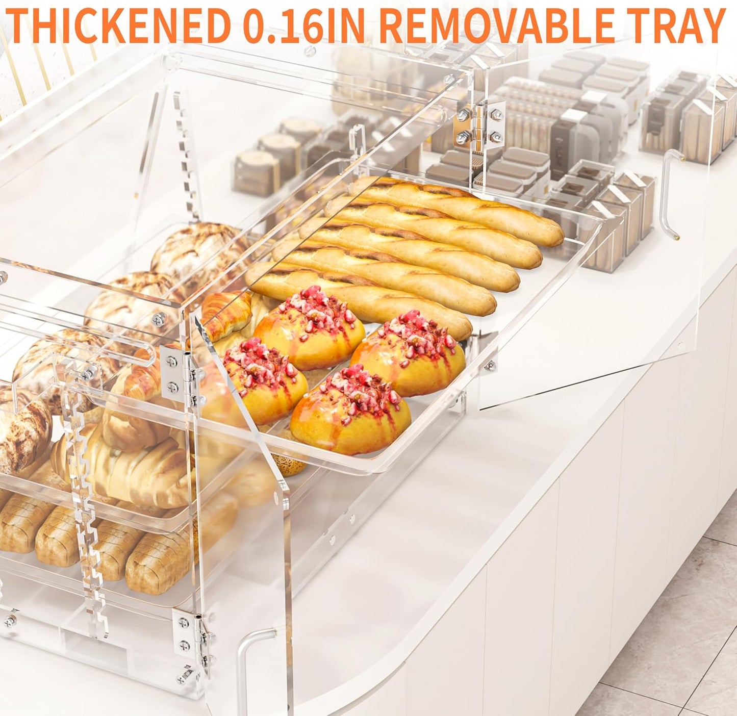 Commercial Countertop Bakery Display Case- 3 Tray Adjustable Pastry Display Case with Bread Tong - Clear Bread Box for Baking Enthusiasts for