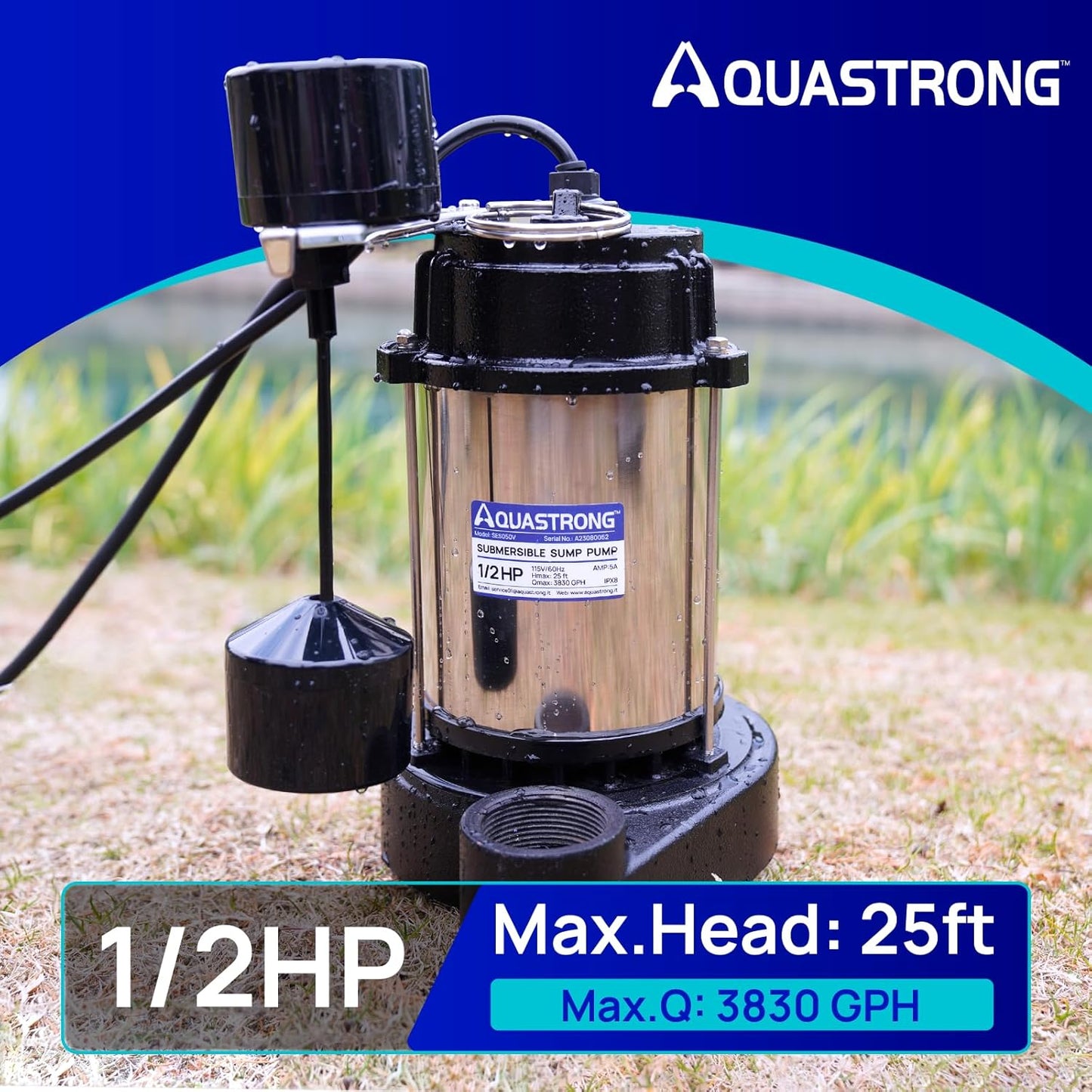 AQUASTRONG 1/2 HP Sump Pump Submersible, 3830 GPH Stainless Steel and Cast Iron Sump Pump, Automatic Integrated