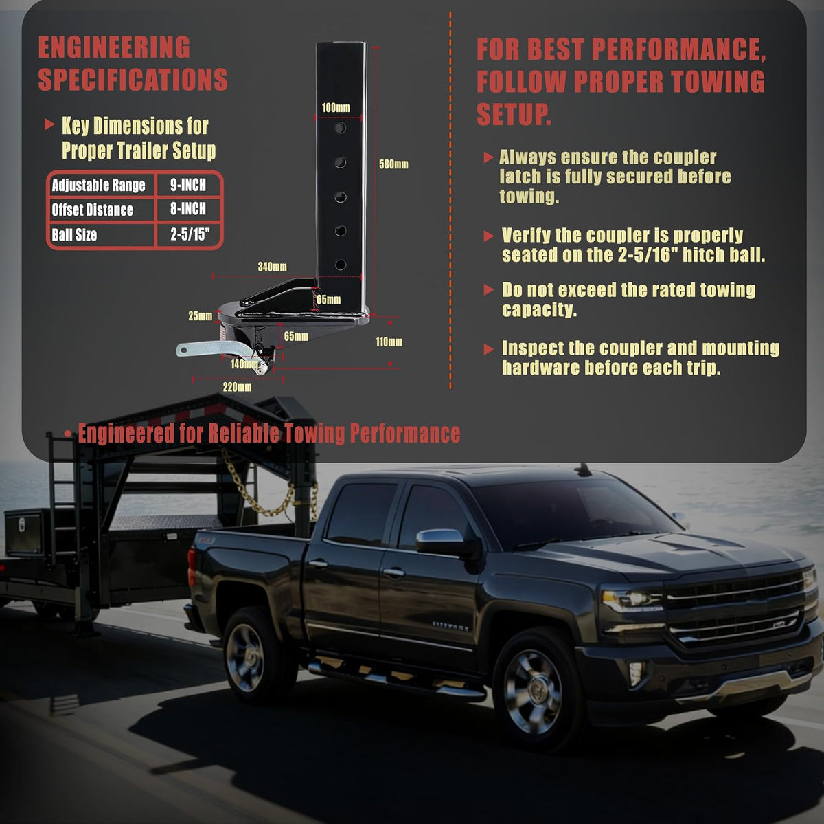 30K Adjustable 8 Inch Offset Gooseneck Trailer Coupler Square