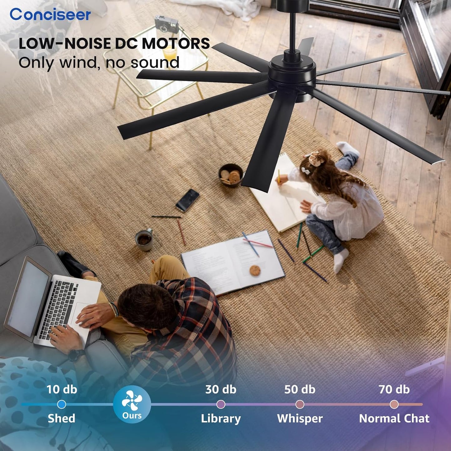 Conciseer Morden Ceiling Fans with Lights,65 Inch Ceiling Fans with Remote for Bedroom Living Room Kitchen, 8 Blades 6 Speed Reversible Quiet DC