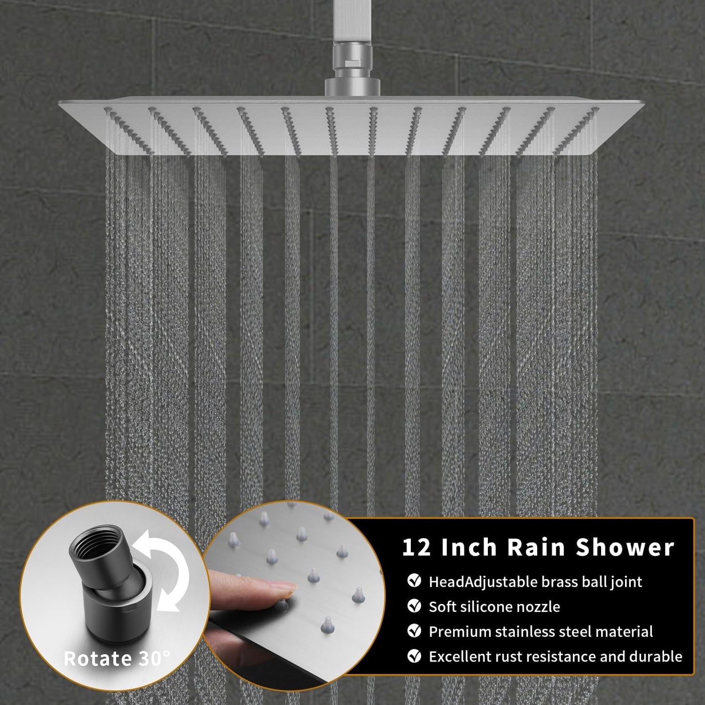 AYIVG Brushed Nickel Shower System with Shut-Off Body Jets Body Jets 12 Inches Rain Shower Faucet Set and Handheld Sprayer Ceiling Mounted 3 Way