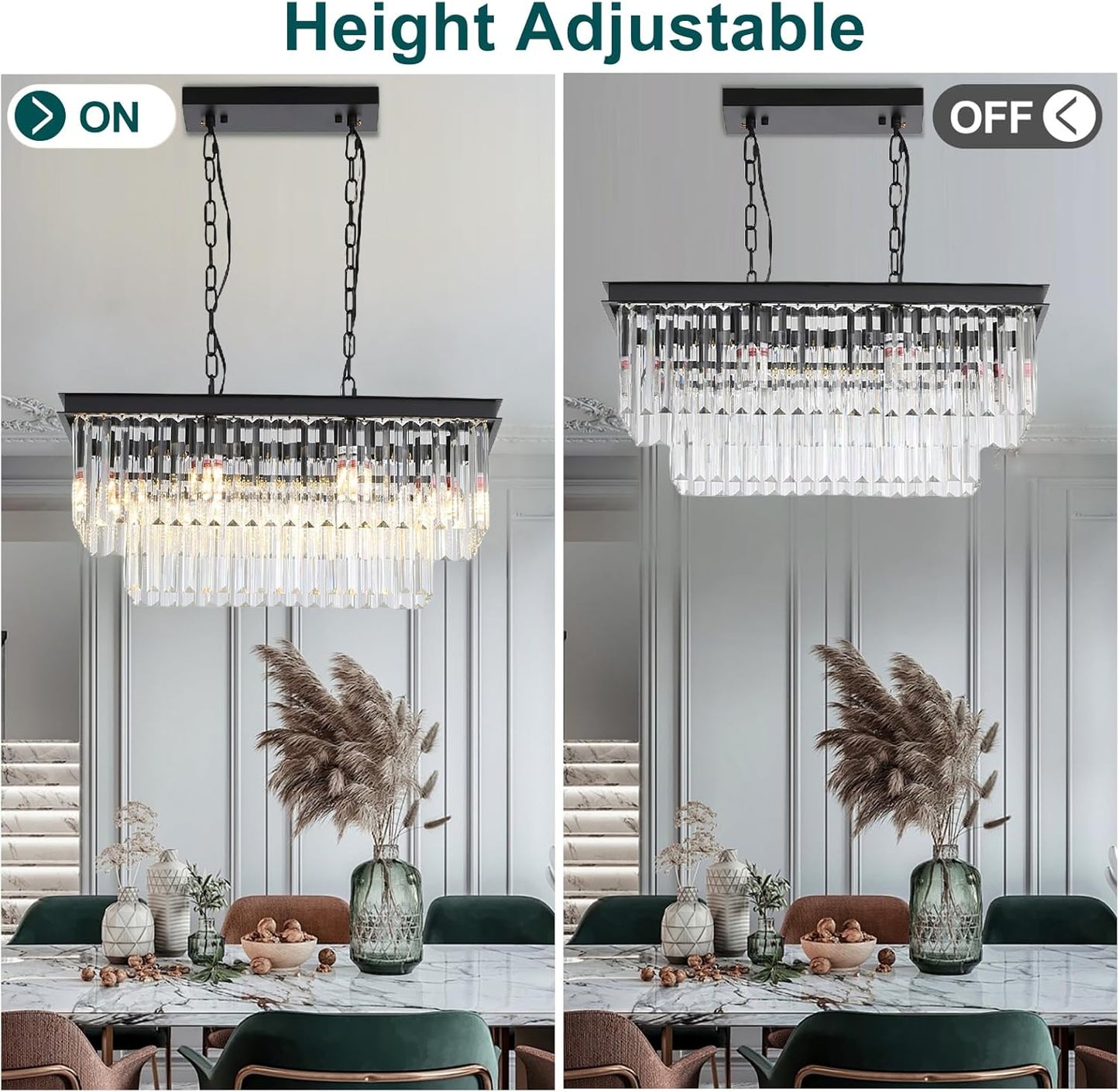 Wansi Shine 24' Modern Rectangle Crystal Chandeliers for Dining Room, 6-Light Rectangle Kitchen Island Chandeliers Light Fixture, Black Long K9