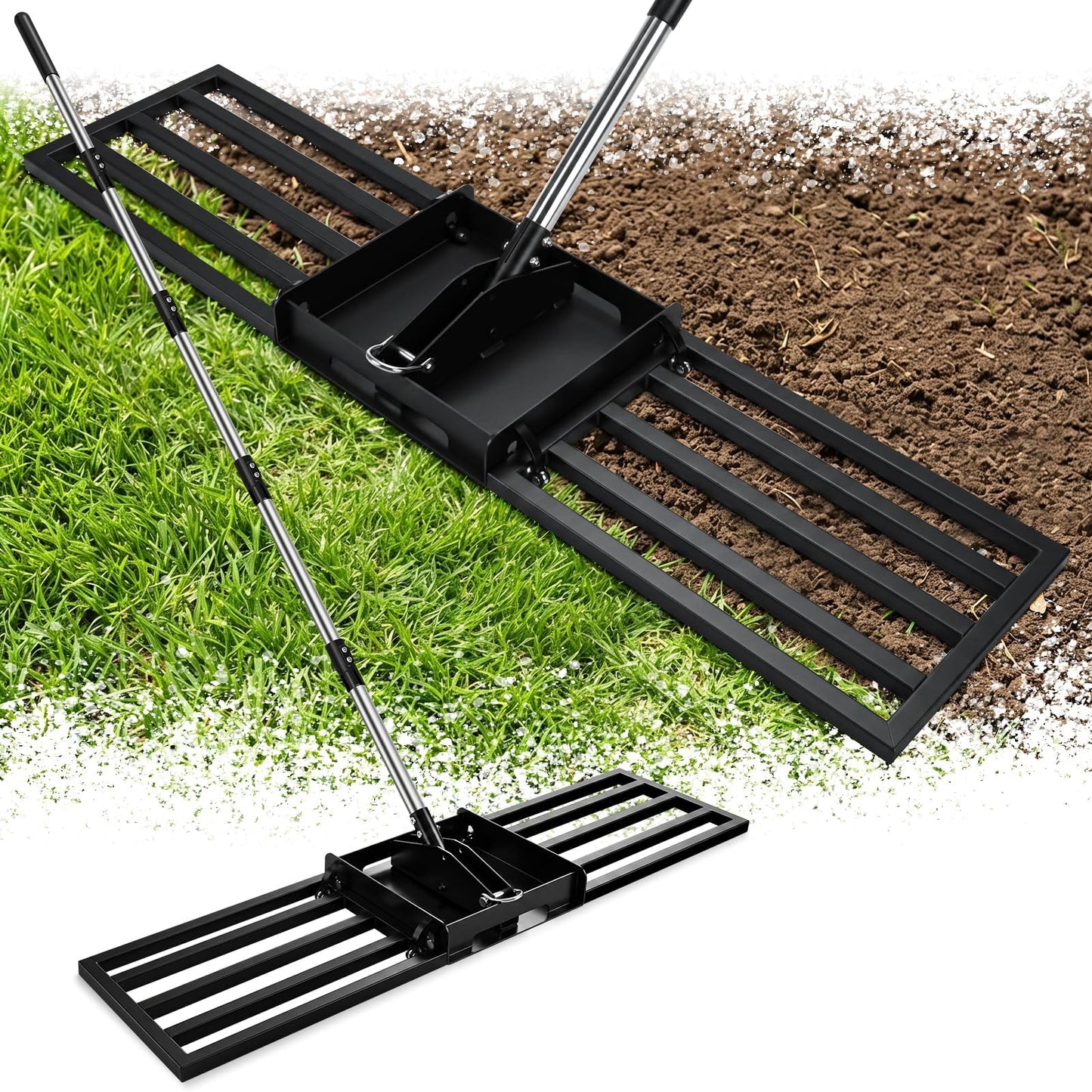 AugFir 2-in-1 Lawn Leveling Rake, Tamp and Lawn Leveler Tool，Heavy Duty Iron Dual-use 45” x 11” Base Plate with 76” Stainless Steel Handle, Quick Detach for Garden, Yard, Farm Solid Black