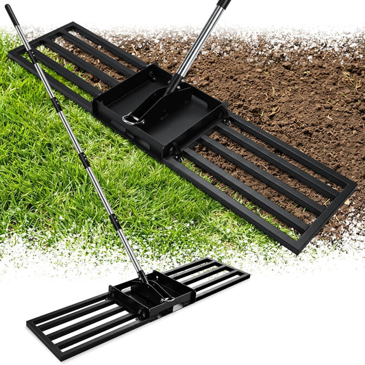 AugFir 2-in-1 Lawn Leveling Rake, Tamp and Lawn Leveler Tool，Heavy Duty Iron Dual-use 45” x 11” Base Plate with 76” Stainless Steel Handle, Quick Detach for Garden, Yard, Farm Solid Black