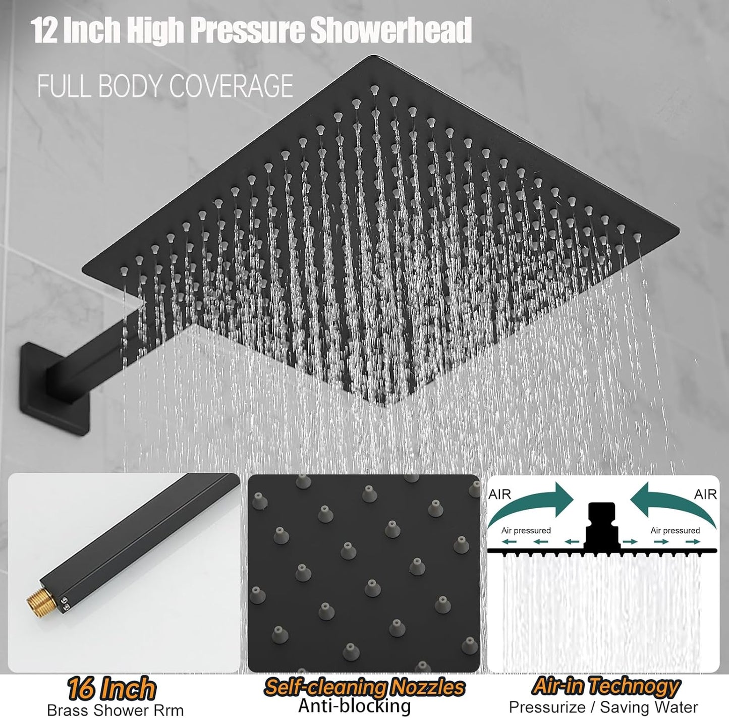 Rainfall Shower Faucet with 4 Full Body Shower Jet Fixture Combo, Shower System Set with 12 Inch Rain Mixer Shower Head and 2 in 1 Handheld Showerhead