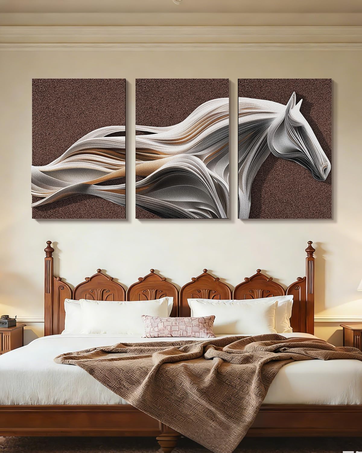 3 Piece 3D Animal Textured Wall Art Brown Sandstone Living Room Decor Horse 01 Unframed 20''W x 30''H x 3
