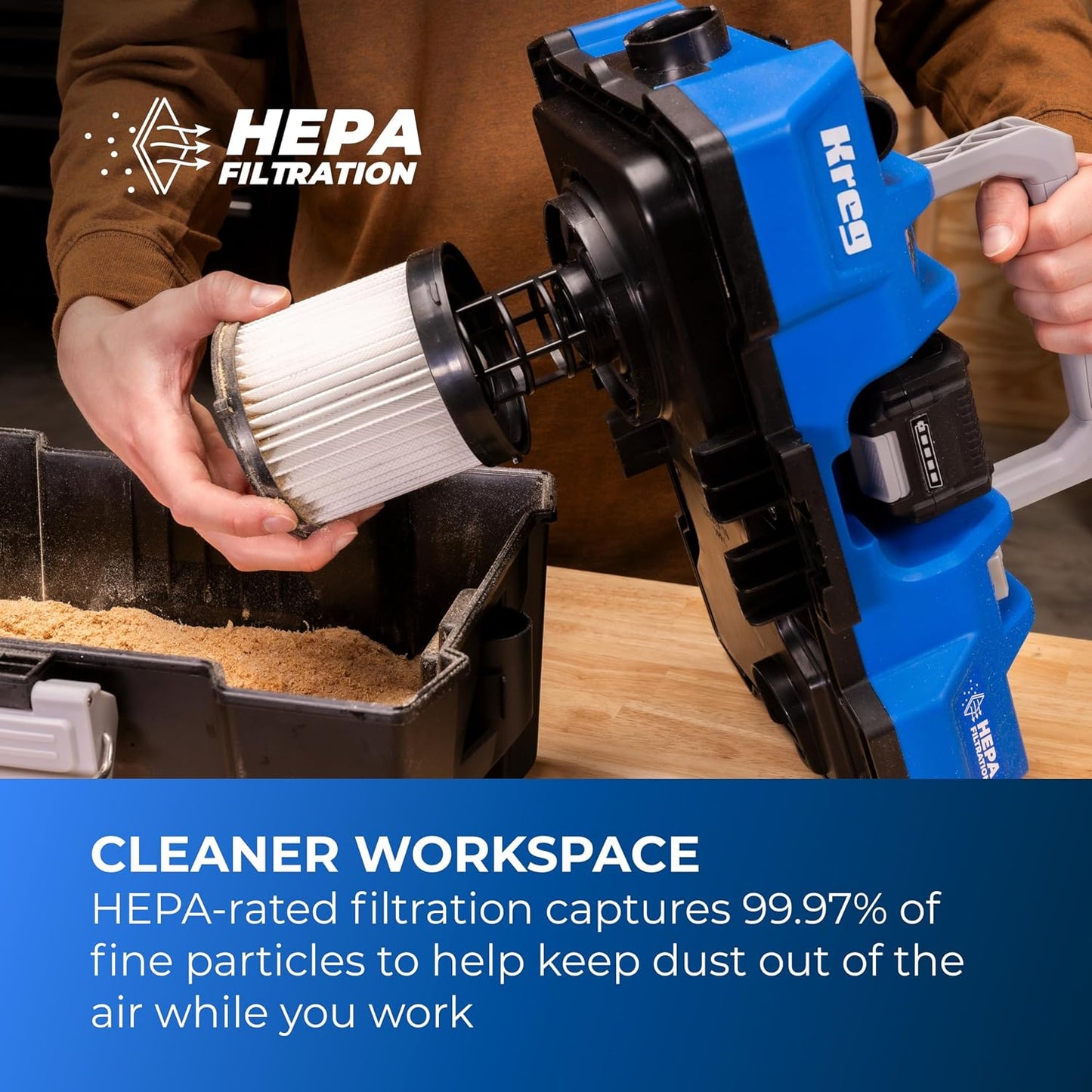 Kreg 20V Ionic Drive Wet/Dry Vac with HEPA Filter Kit - Cordless HEPA Shop Vacuum for Dust Collection, Debris & Liquid Cleanup - 50 CFM Suction - Blower Function - Includes 4Ah Battery and Charger