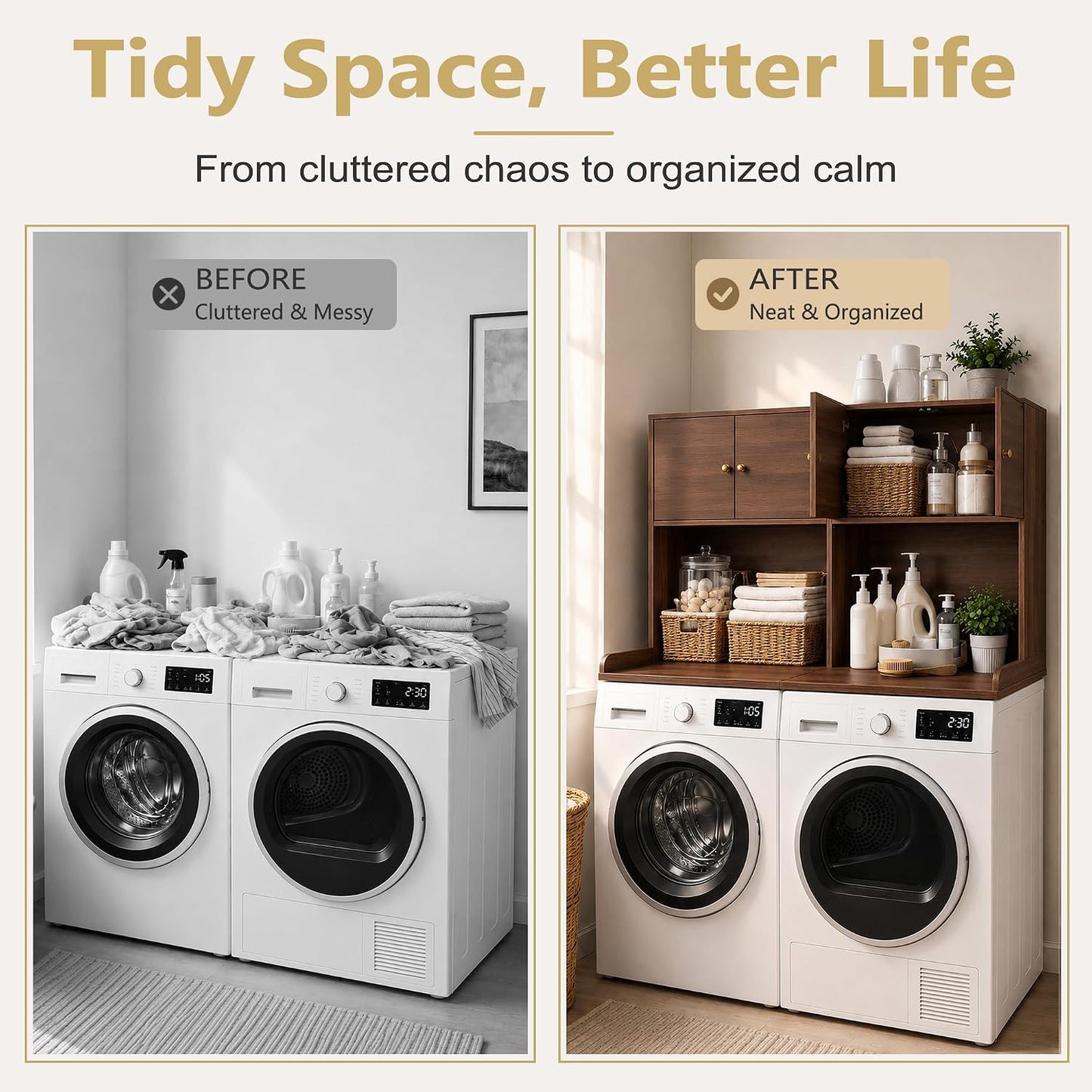 Washer Dryer Countertop with Cabinets, Laundry Countertop with Shelf, Washer and Dryer Topper with Edge, Over Washer and Dryer Shelves for Laundry Room Storage Organization, Universal Fit Walnut Dual
