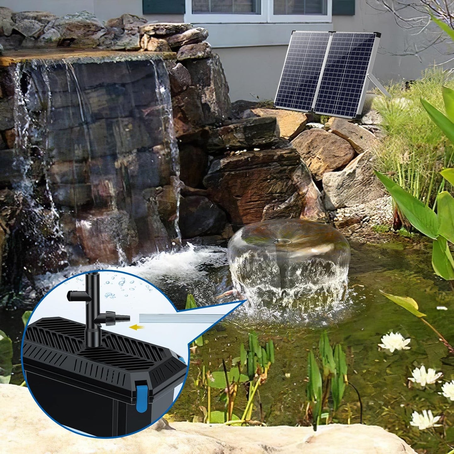 Solar Fountain Pump with Pond Filter Kit, 55W Folding Panel Solar Pond Pump with Pond Filter Box, Pond Filter Box for