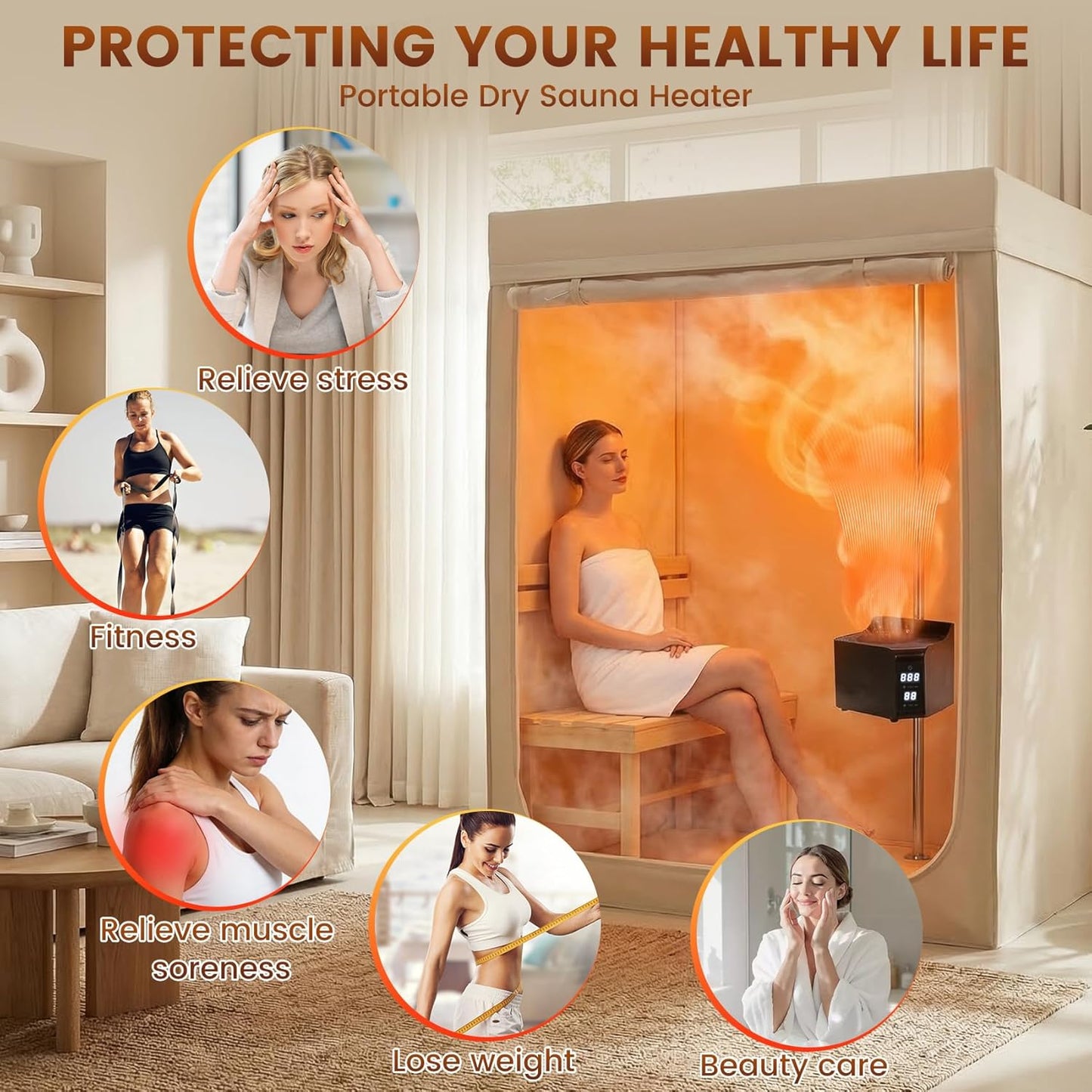 1500W Portable Dry Hot Air Heater for Sauna Tent, Electric Dry Steam-Free Sauna Heater with Adjustable Temp & Timer, Fast Heating Hot Air Generator for Home Personal Spa Therapy (120V) UL Standards