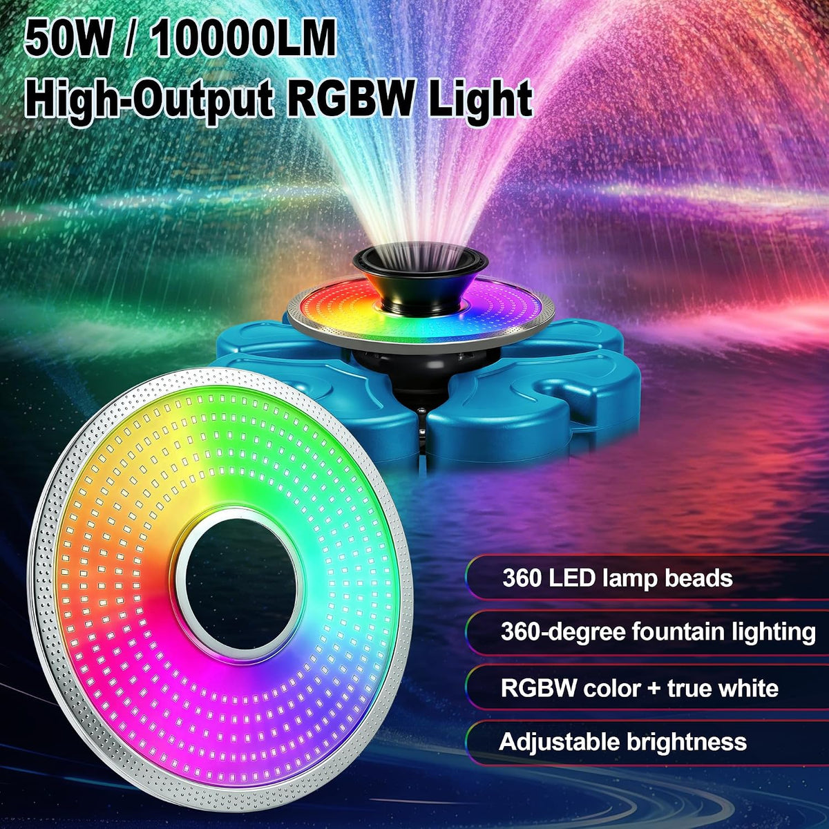 RELIY Pond Fountain Aerator 50W RGBW Fountain Light Upgrade Kit for, 10000LM 360-Degree LED Light Ring, 100FT Cord, IP68 Stainless Steel Pond Light for Lakes, Water Gardens