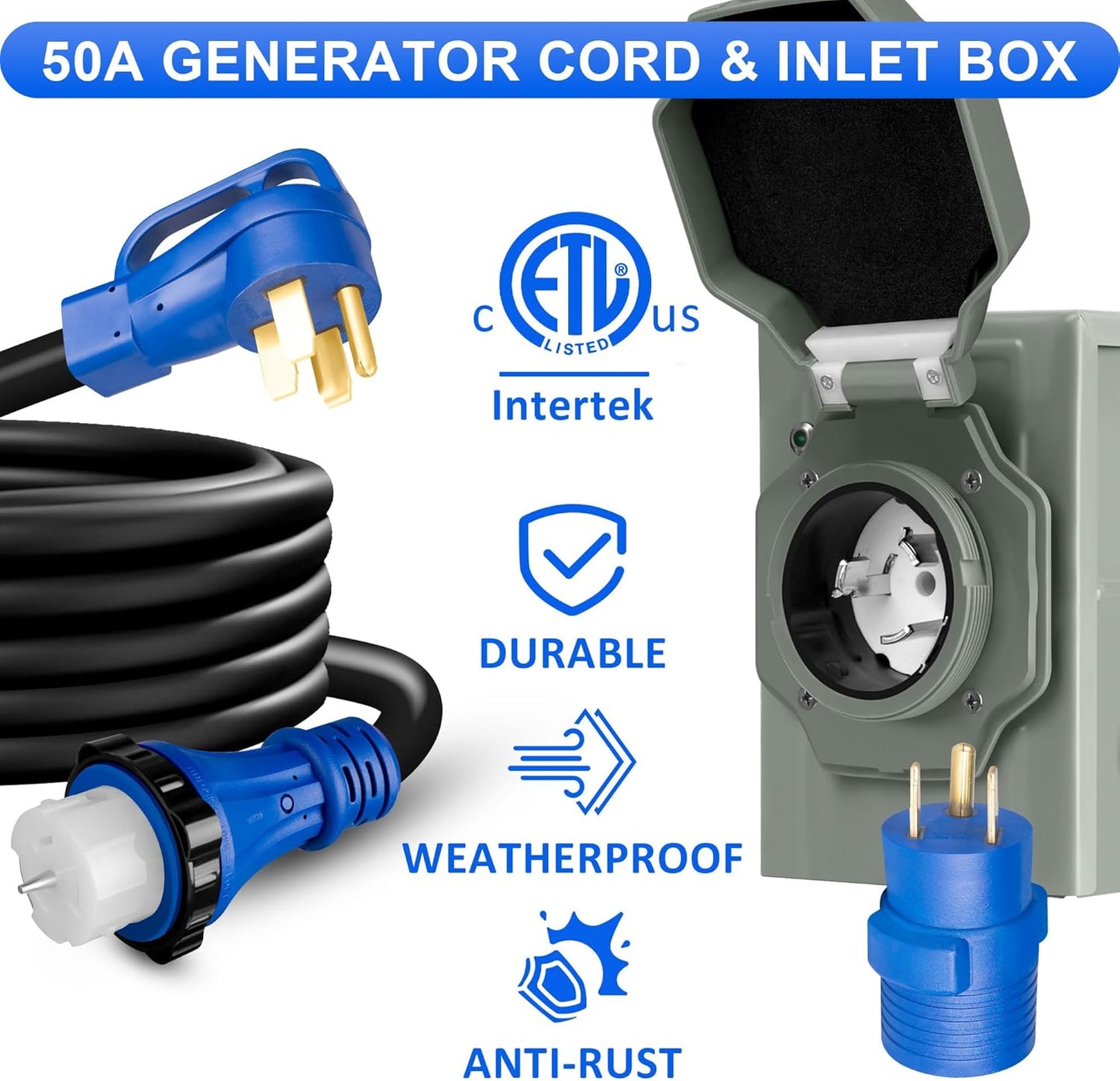 50 Amp Generator Cord 15FT and Power Inlet Box Combo Kit, 125V/250V Generator Extension Cord