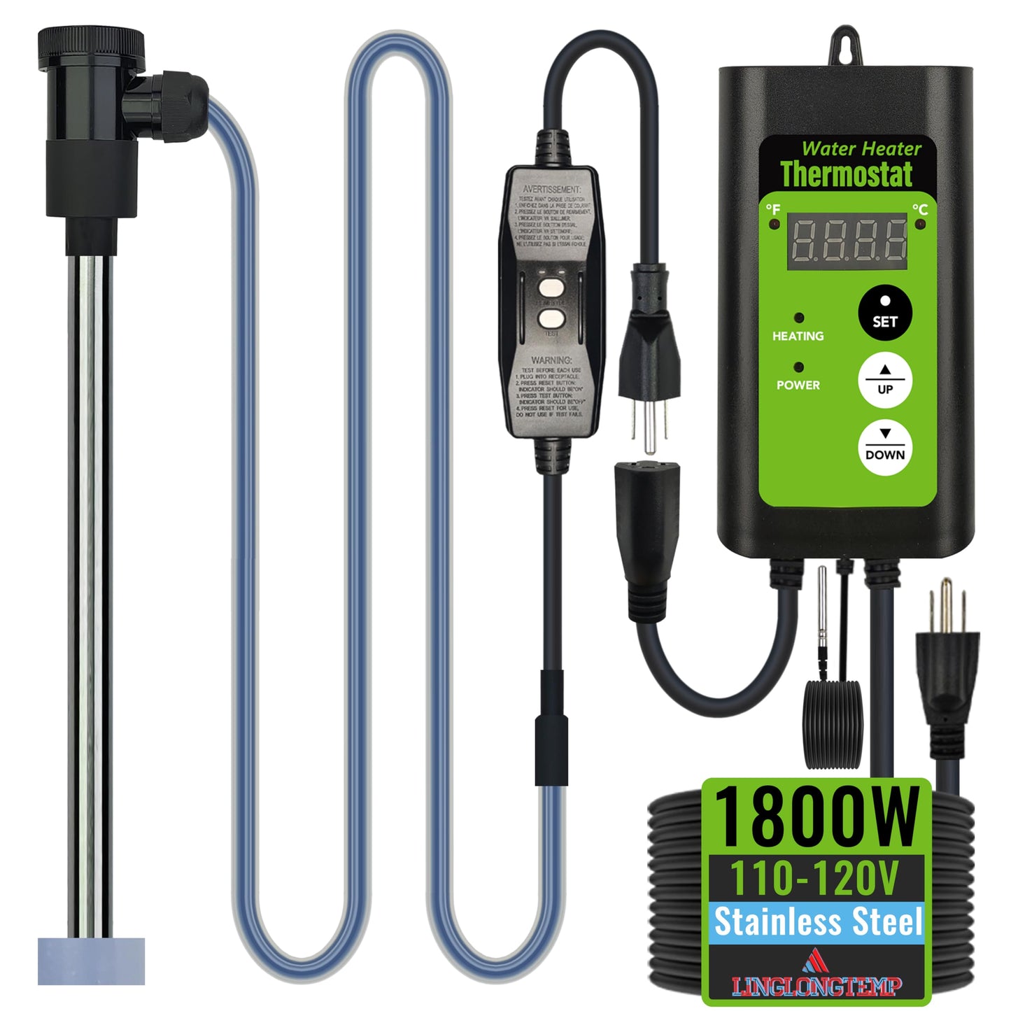1800W Submersible Hot Tub & Pool Portable Immersion Water Heater with Temperature Control and GFCI Leakage Protection for Swimming Pools, Bathtubs, Buckets, Baptistries, and Most Liquids
