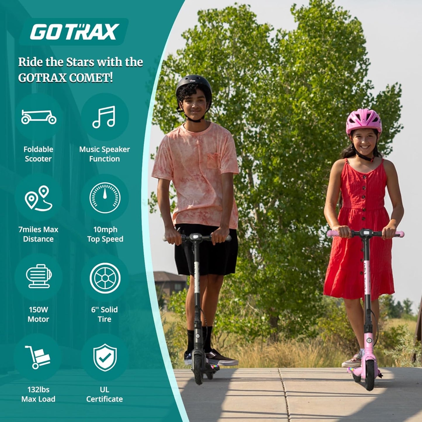 Gotrax Electric Scooter for Kids, Max 3/7 Miles 6/10 Mph, 5' /6' Solid Wheels with Flash Lights for Boys Girls Ages Over 6 Years Old (10Mph Black)