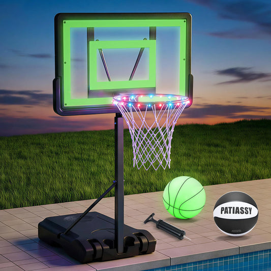 Pool Basketball Hoop – Height Adjustable 57" to 68" Portable Poolside Basketball Hoop with Wheels, Glow-in-Dark Backboard & LED Rim, Glow Ball + Standard Ball, Indoor Outdoor Night Games