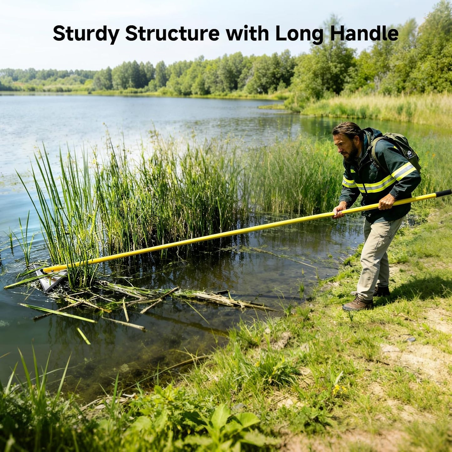 Pond Cattail/ Garden Weed Cutting Tool, Three-Sided Blade, Three Aluminum Poles, Yellow.