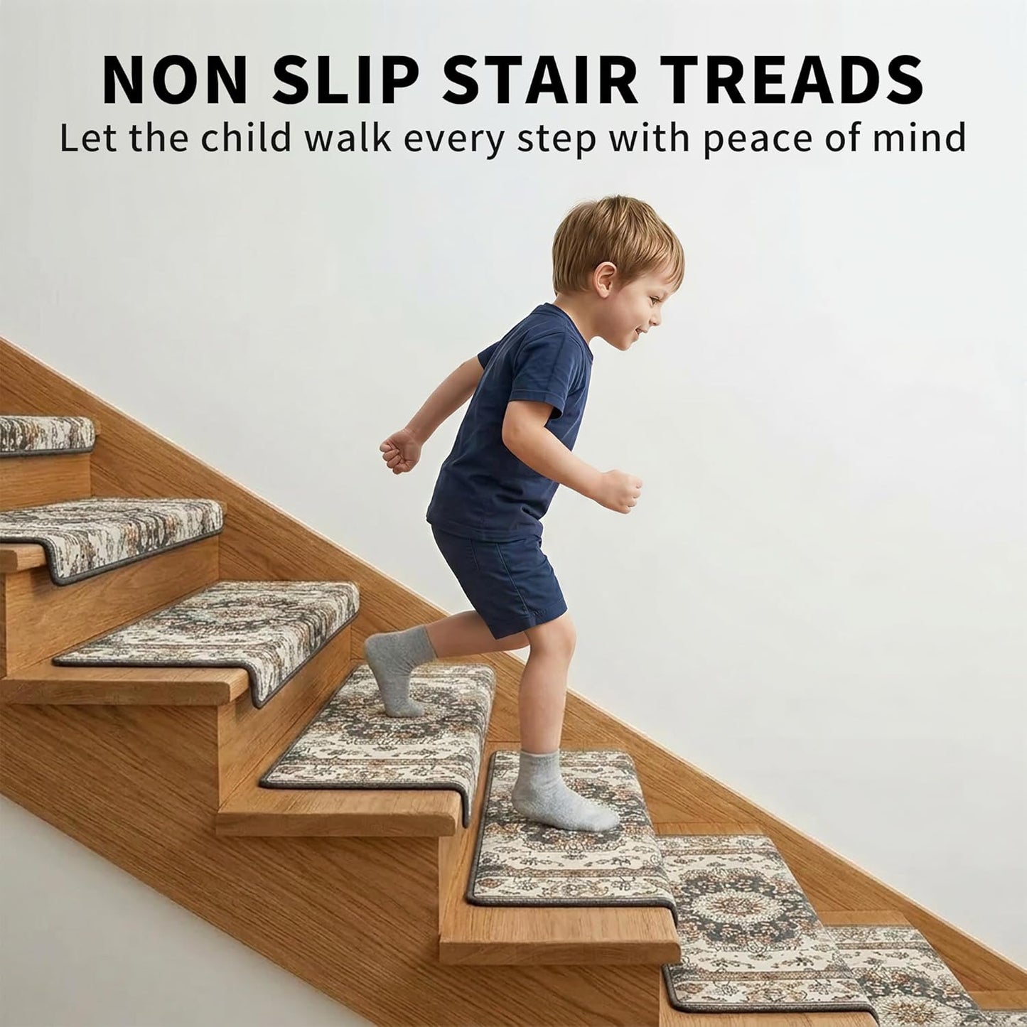 Bullnose Stair Treads, 14 Pack 30 x 9.5 Inch Non-Slip Carpet Mats for Wooden Steps, Protective Indoor Stairway Covers with 1.5" Edge Protection for Kids, Seniors and Pets Brown 14 PIECES