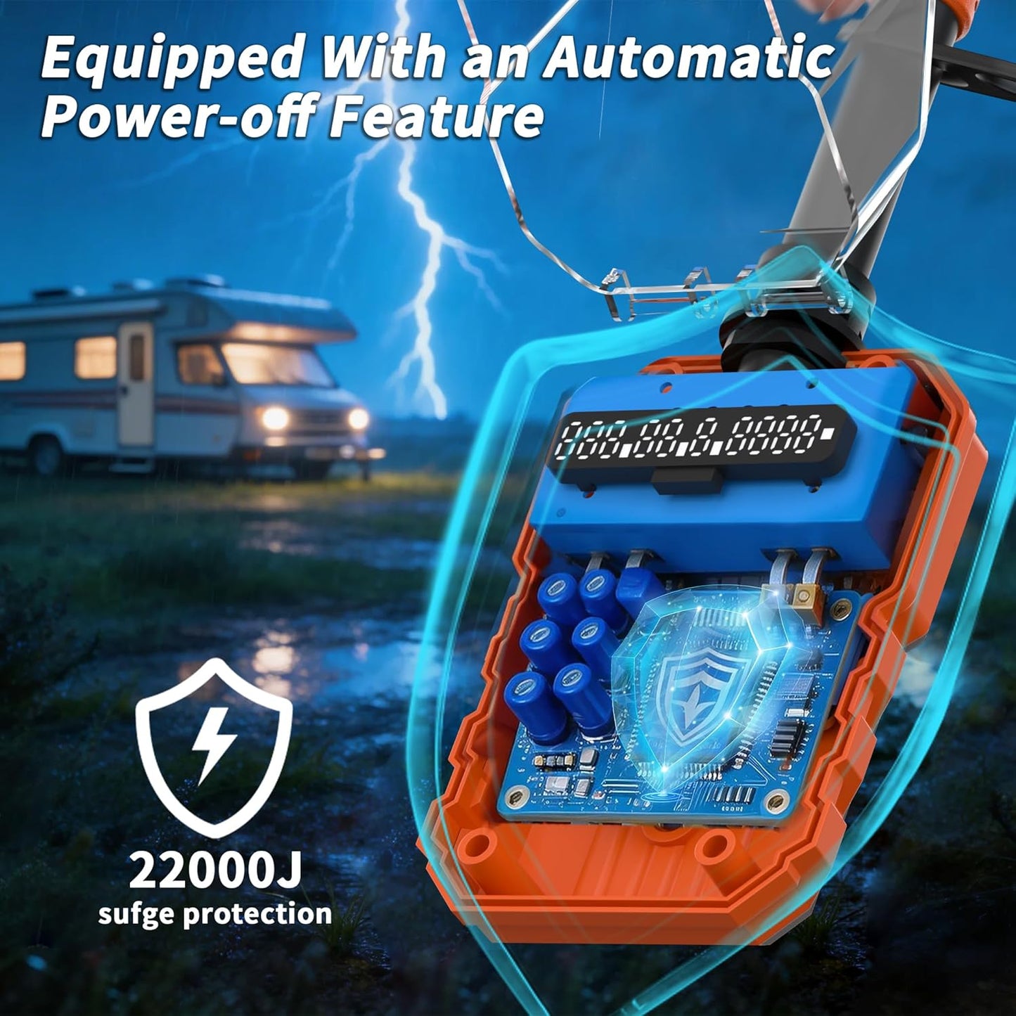 22000J RV Surge Protector 50 Amp with Auto Shutoff & Reset, LED Display Real-Time Circuit Analyzer for Camper Travel Trailers, RV Adapter Plug with Waterproof Cover 50A