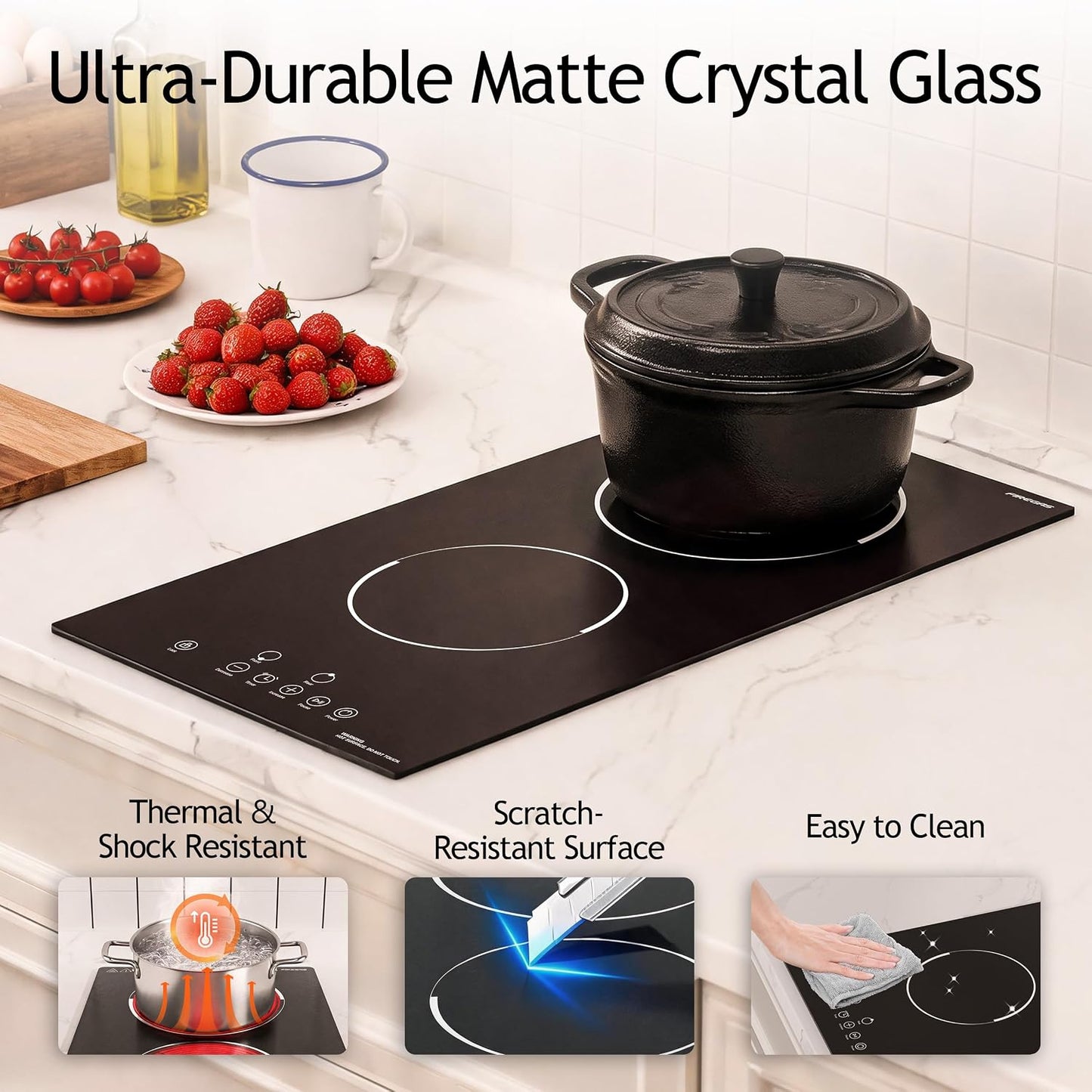 FIREGAS 12 Inch Electric Cooktop 2 Burners,220V-240V Hardwired Built-in Electric Stove Top with Matte Black Glass,3000W Sensor Touch Control,9 Power Levels,Timer & Child Lock for Apartments,ADUs