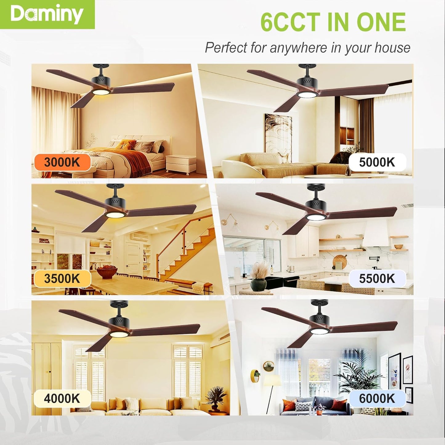 Walnut Wood 52 inch Ceiling Fan with Light, 3 Blade Ceiling Fan with Light, Downrods, 6CCT, Black Low Profile Ceiling F