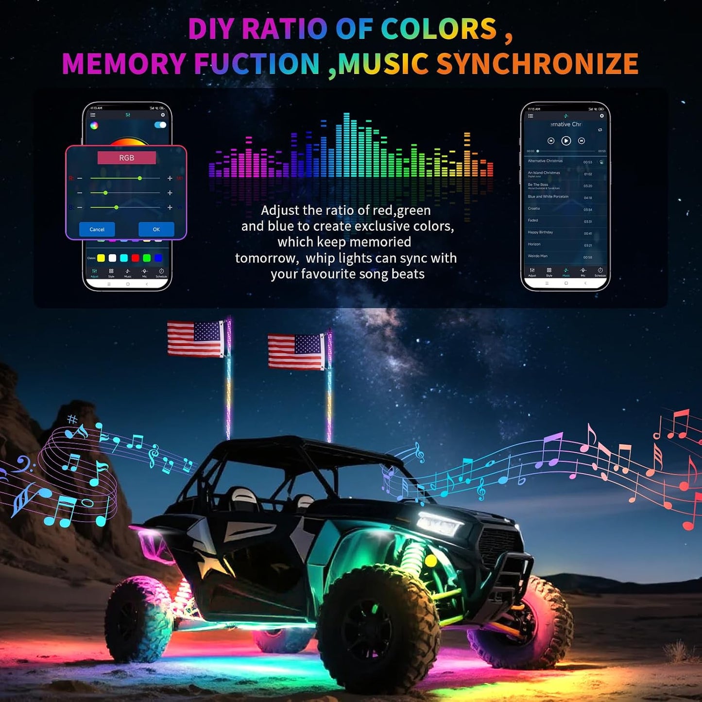 2PCS 3FT LED Whip Light and 8 Pods Rock Light Kit with Spring Base, Switch, Remote and App Control,Universal for UTV ATV RZR Polaris SXS Can-Am