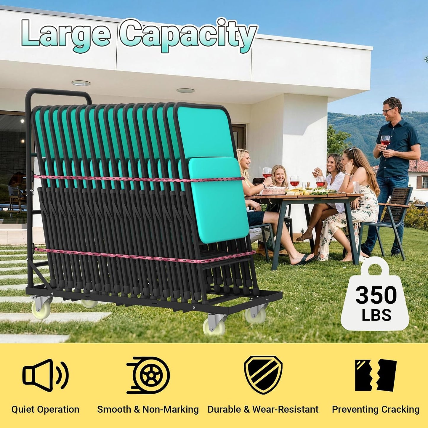 350 LBS Folding Chair Rack Cart with 4" PU Swivel Wheels | Heavy Duty Chair Storage Rack, 2PCS 59" Elastic Cords, Powder Coated Chair Cart for 25 Folding Chairs, 43.3"L x 19.7"W x 43"H