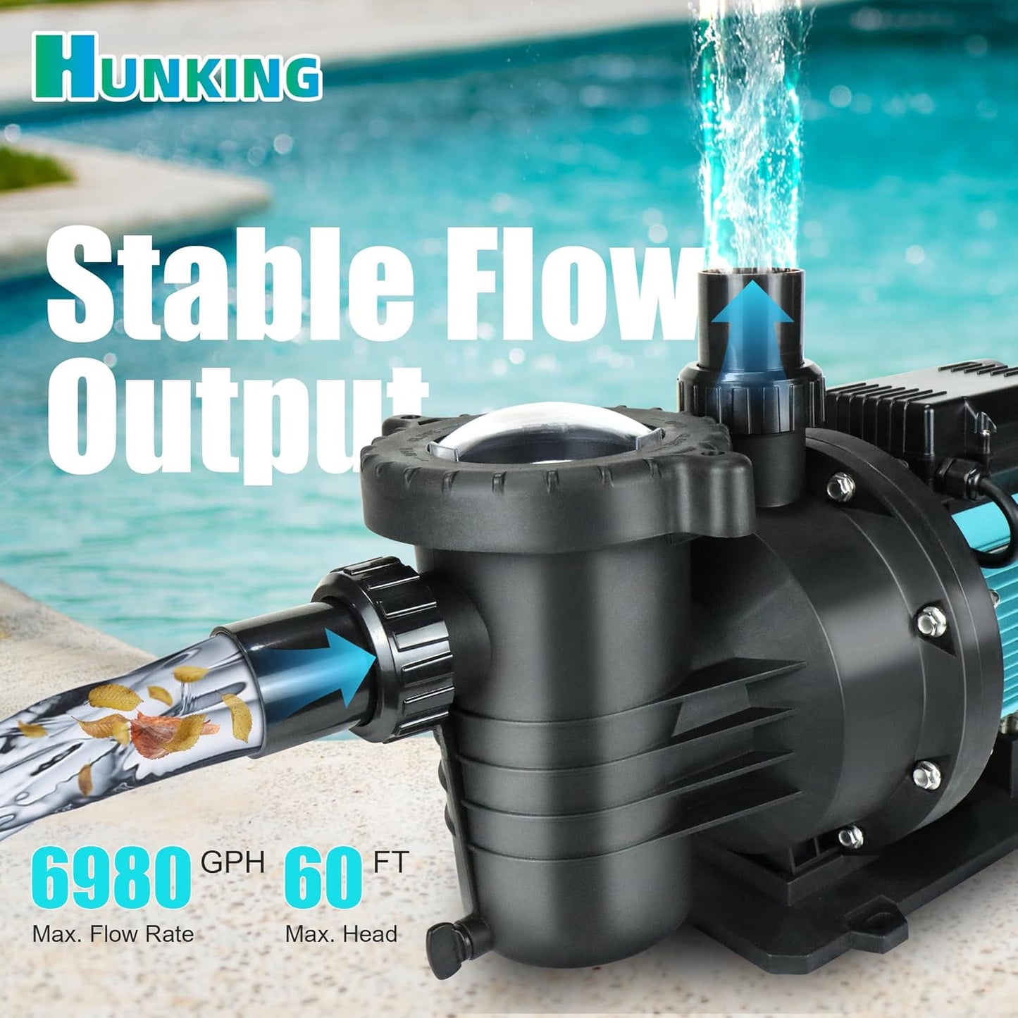 2HP Pool Pump Inground and Above Ground, 6980GPH High Flow Powerful Swimming Pool Pump, 110V Energy Saving with 1.25-1.5'', 1.5'', 2.0'' Unions and Filter Basket 2HP-1