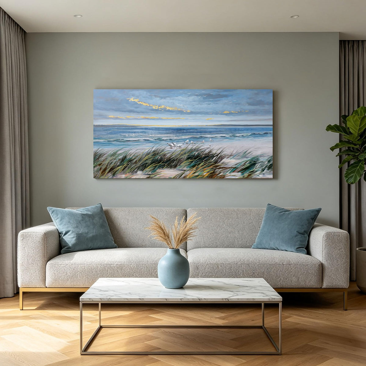 KLAKLA Coastal Wall Art Beach Picture Large Canvas for Living Room 48x24 IN Blue and Gold 48"L x 24"W