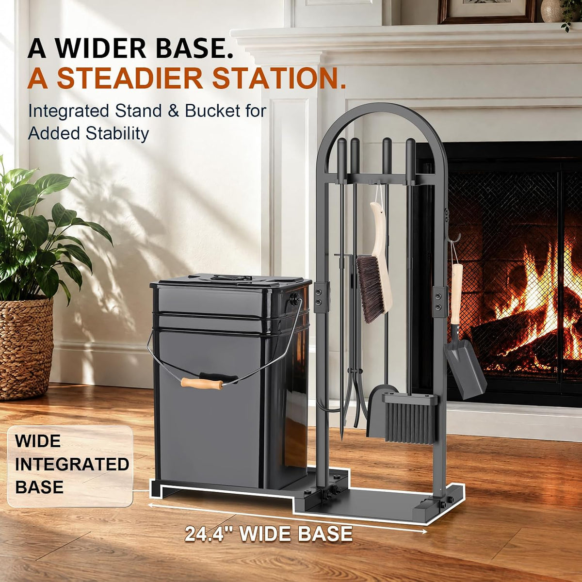 FUQUN 8-Piece Fireplace Tool Set with Stand and 7.2-Gallon Ash Bucket