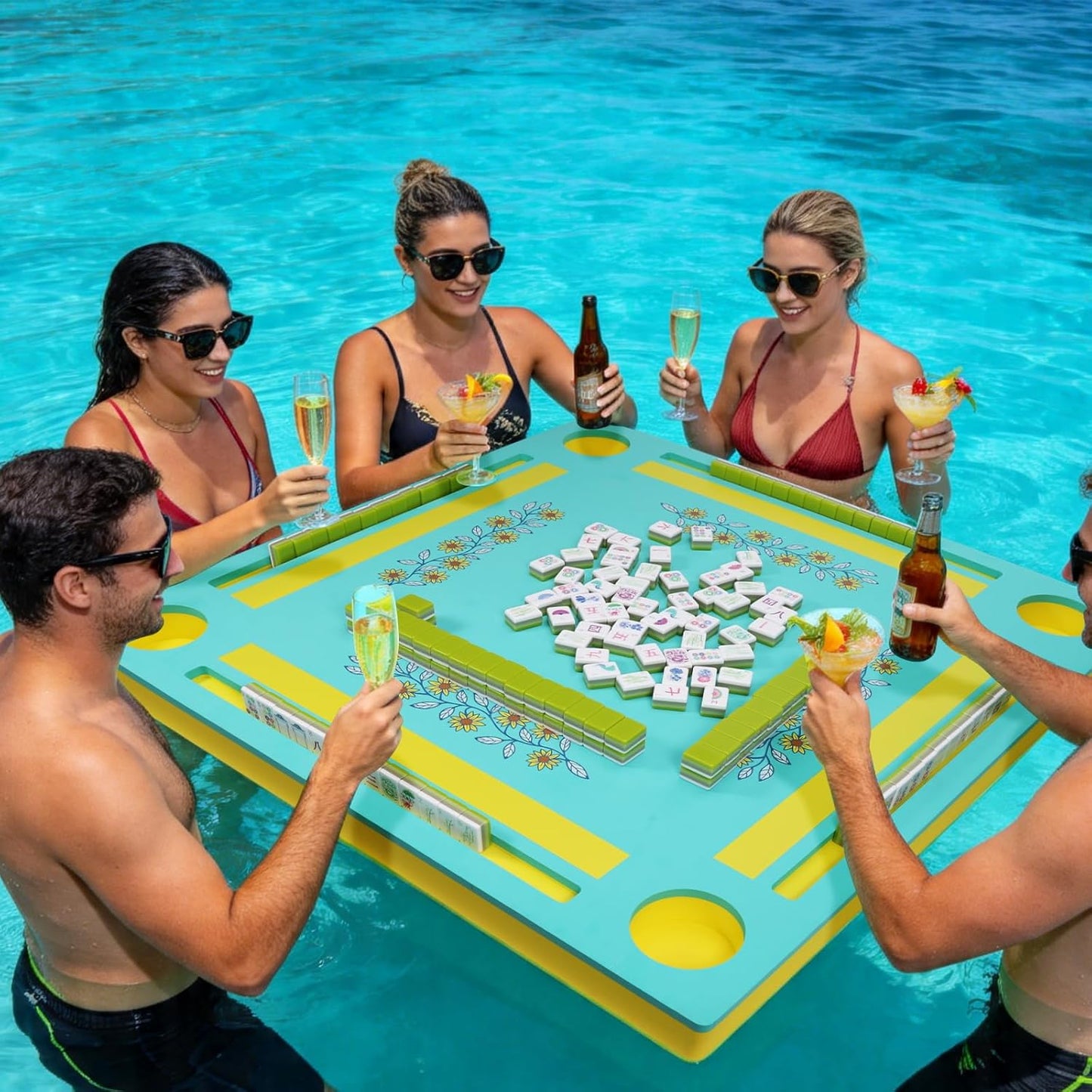 Floating Mahjong Table for Pool, Double-Sided Floating Mahjong Table with Tile Grooves & Cup Holders, Multi-Game Floating Mahjong Set for Pool for Mahjong, Poker & Dominoes