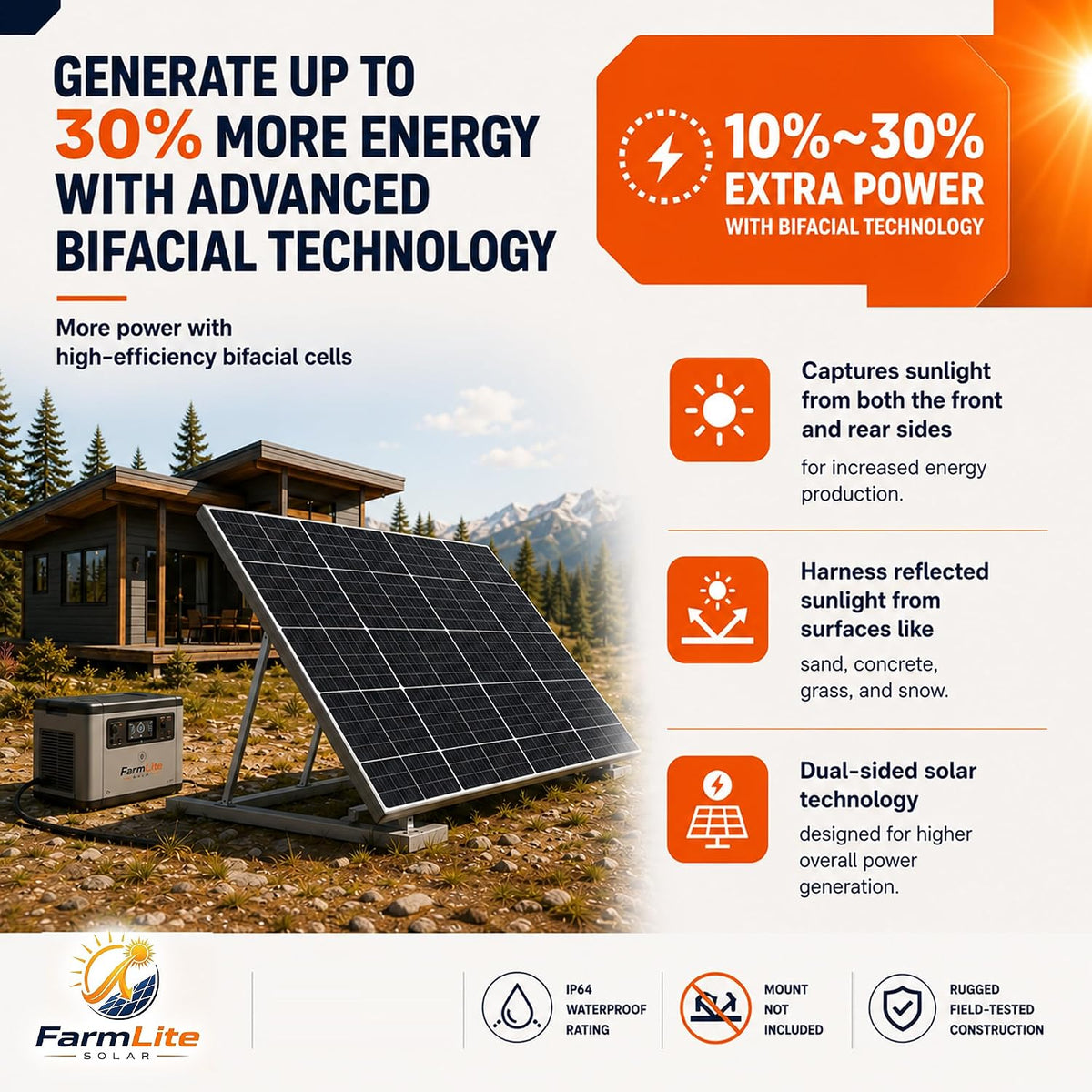 FarmLite 200 Watt Solar Panel Bifacial | Bifacial 200W Solar Panel for Off-Grid | Maximum Power Output of 200W | USA Owned Brand