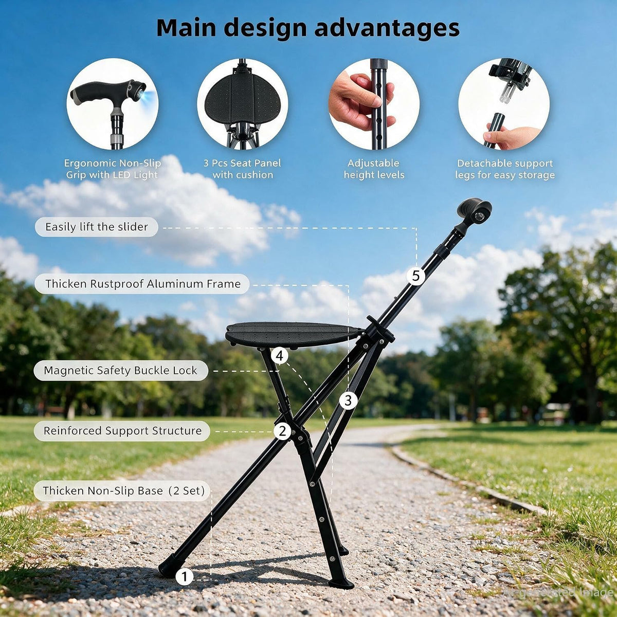 EziMedPil 2-in-1 Adjustable Cane Seat for Seniors with LED Light