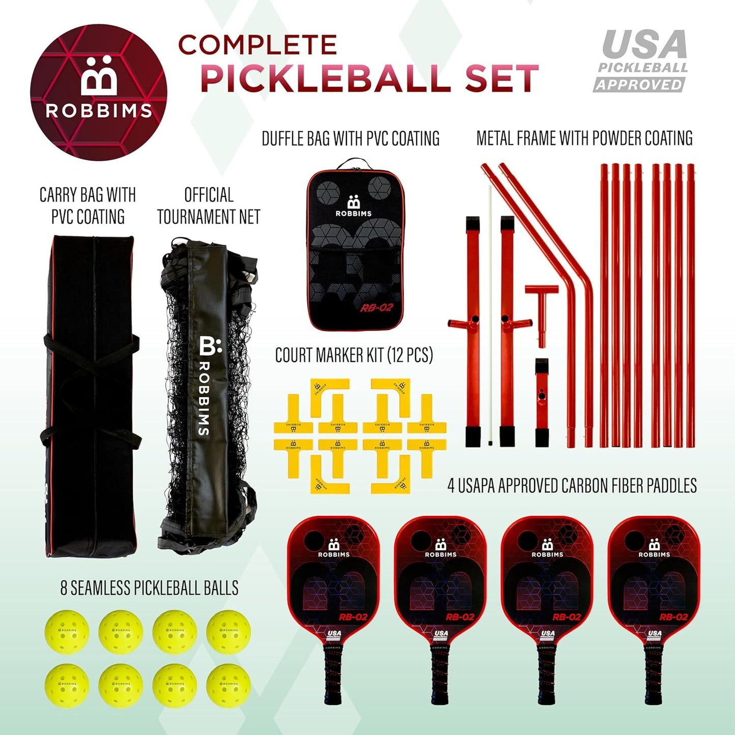 ROBBIMS Portable Pickleball Set with Net | 4 USAPA Approved Carbon Fiber Paddles, Duffle Bag, Regulation Size Pickleball Net System, Assembly Manual,