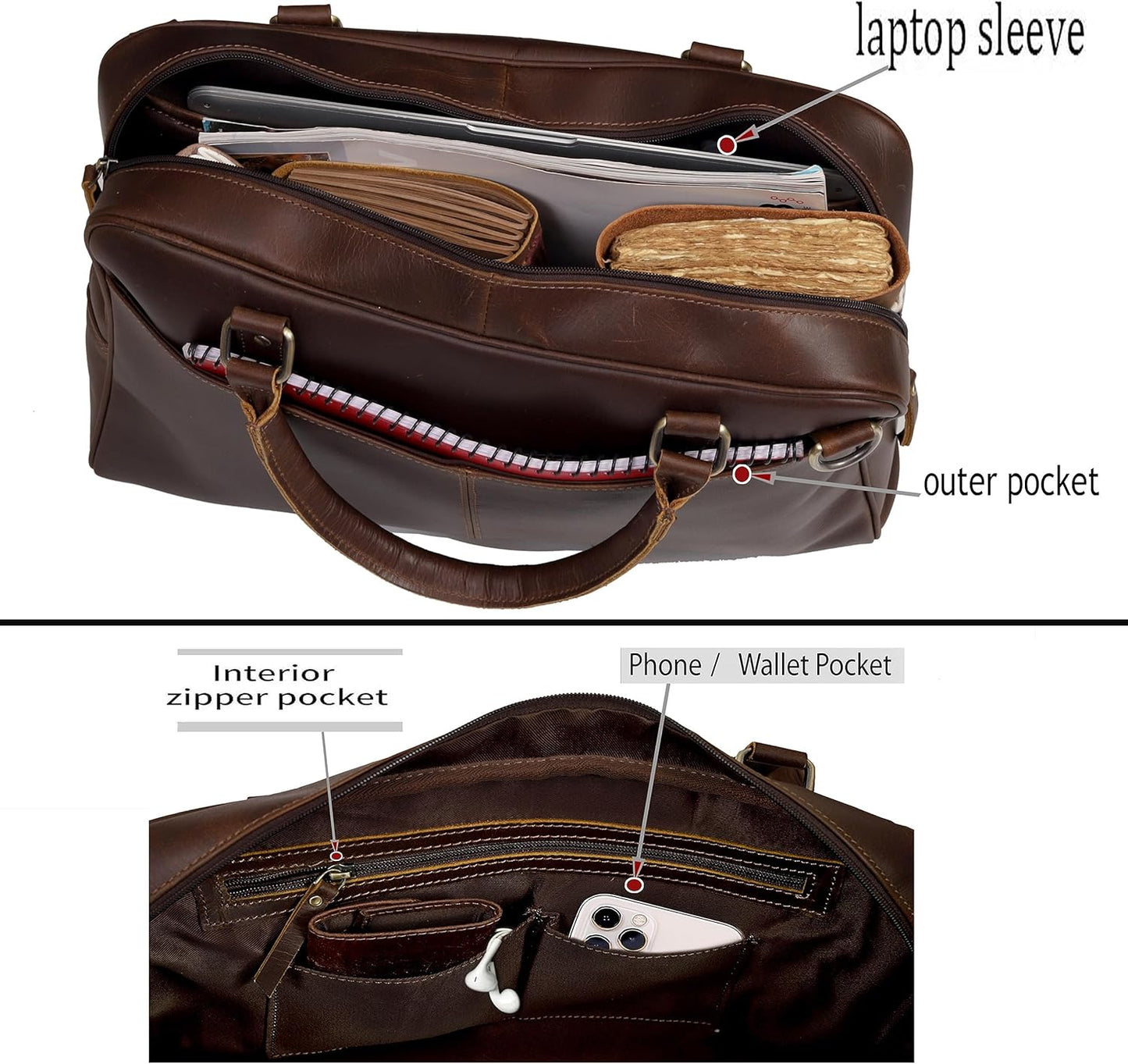 Leather Laptop Briefcase - Full Grain Cow Leather Computer Bag for Men and Women