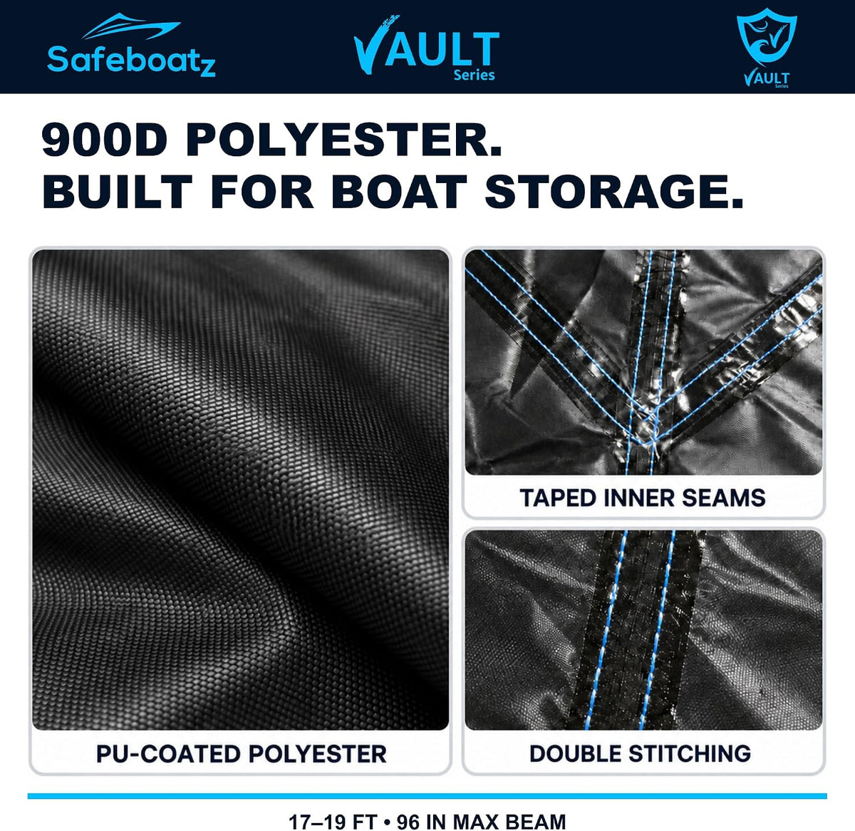 Boat Covers 17-19ft, Safeboatz Vault Series, 11-Point Metal S-Hooks, 96"