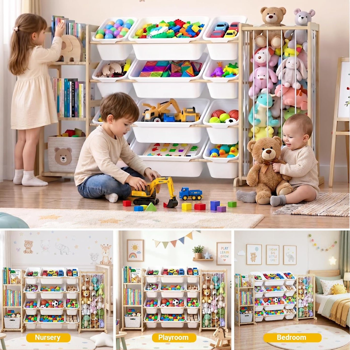 Toy Storage Organizer with Kids Bookshelf and Stuffed Animal Storage | Solid Wood Toy Shelf, Removable Toy Bins, Heavy Load Support, Large Stuffed Animal Holder, Toddler Kid Playroom Living Room