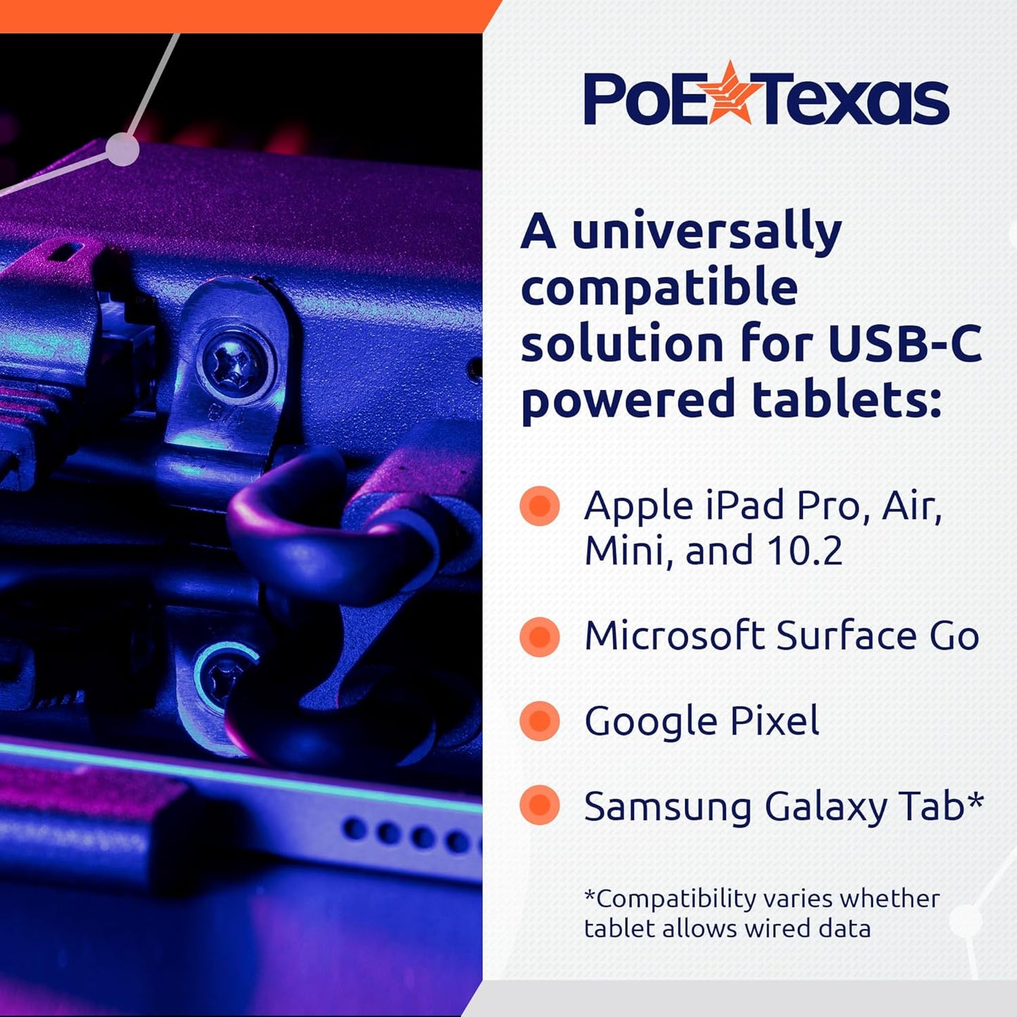 PoE Texas Gigabit PoE+ (802.3at) to USB-C 3.0 Power + Data Delivery w/ 25 Watt Output - Power over Ethernet Active PoE Adapter to USB-C for iPad Pro