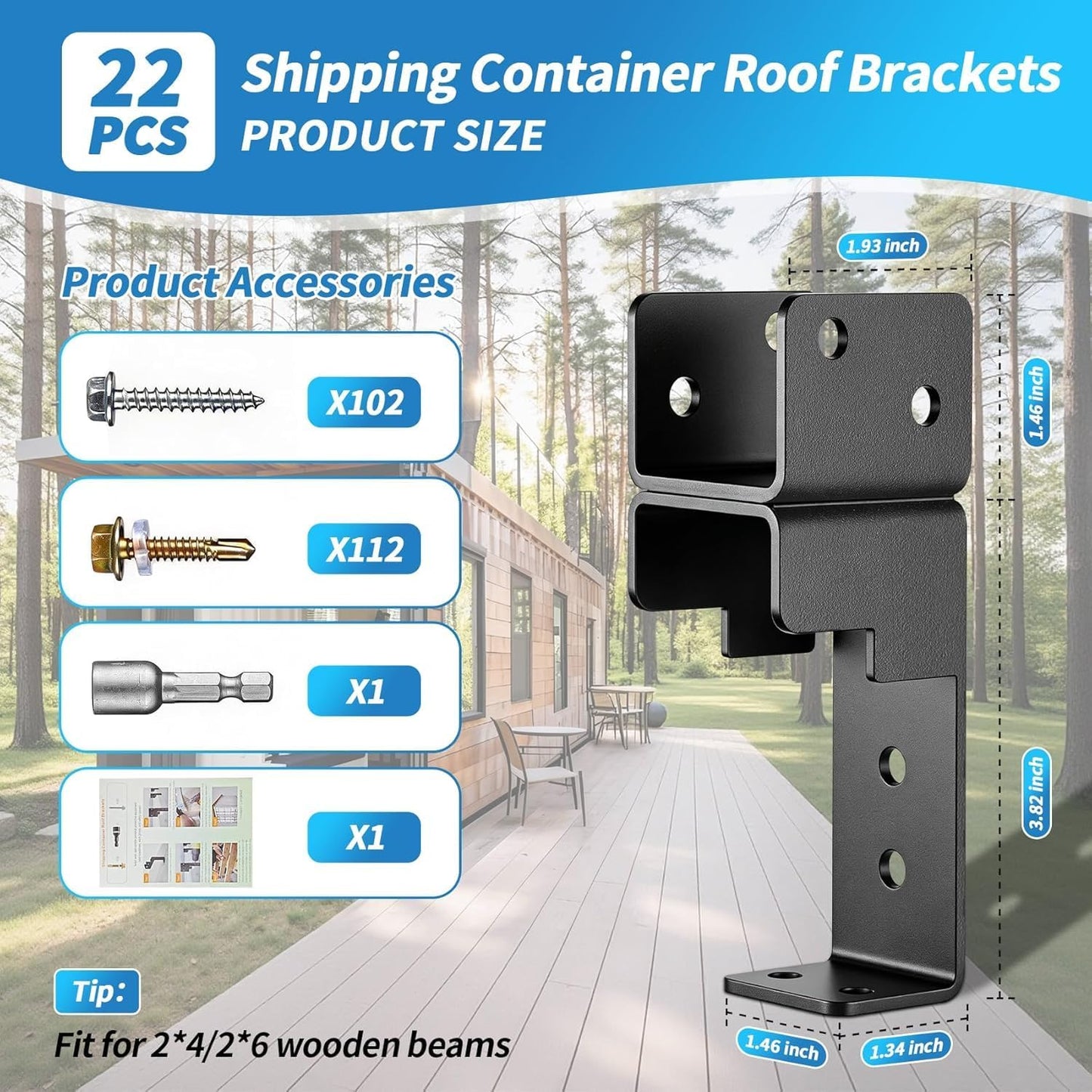 22PCS Container Exterior Truss Brackets for 20FT Shipping Containers, Fits 2x4/2x6 Lumber, DIY Wood Truss Brackets for Container Homes & Outdoor Bars, Build Your Ideal Container Home