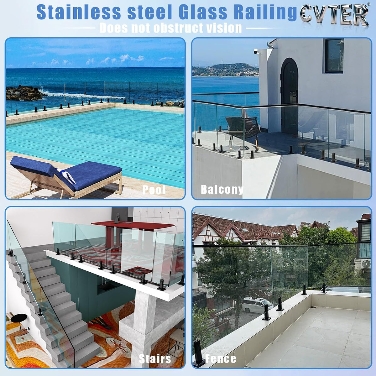 Black Glass Railing Clamp, 4 Pack, Heavy Duty Glass Spigot Post, 304 Stainless Steel Railing System for Stairs Balusters/Patio/Deck Glass Clamp 4 Pcs