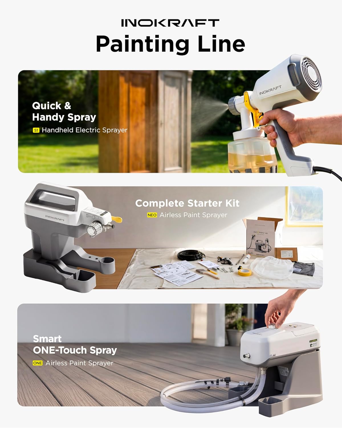 InoKraft NEO Airless Paint Sprayer Kit for House Painting, DIY Beginners' Choice with Accessories Storage Space, Lightweight Design, Quick Clean for Home Interior and Exterior Furniture and Fences