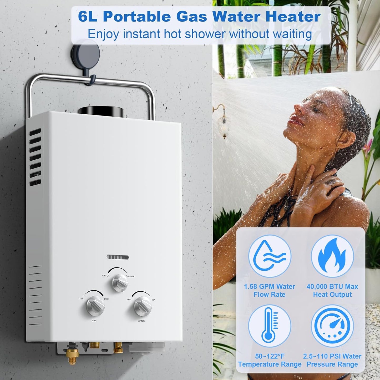 Tankless Water Heater Propane, Outdoor 6L 1.58 GPM Portable Water Heater with Handle, On Demand Hot Water Heater with Overheating Protection, Camping