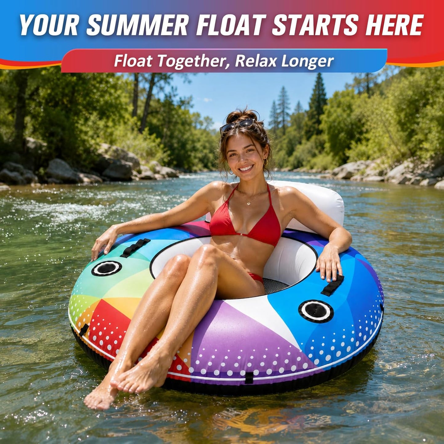 River Tube, 53'' River Float Tube with Premium Canvas Cover, Comfortable Backrest, 2 Built-in Cup Holders, Tow Strap & Handles, Inflatable PVC Water Inner Tubes for Adults Lake Pool Floating