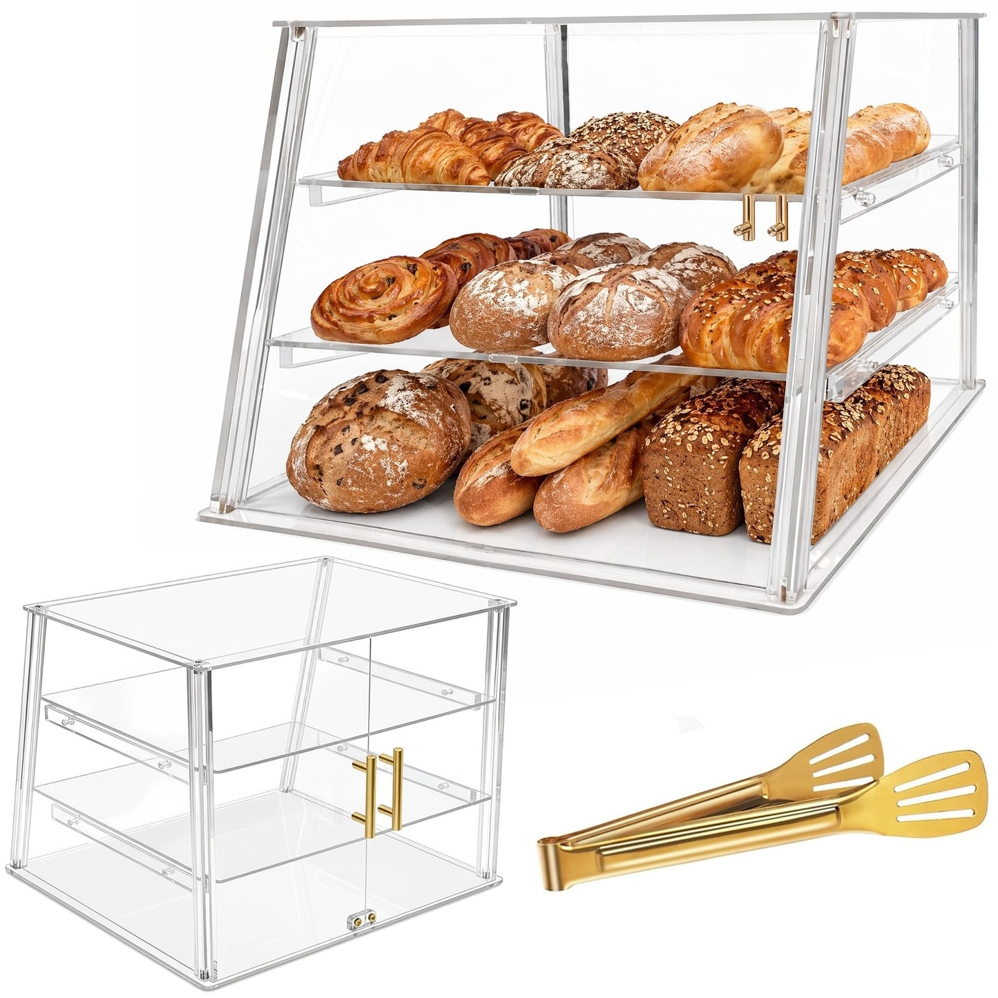 3-Tier Commercial Bakery Display Case with Removable Trays, 18.9" L x 17.8" W x 14.17" H Countertop Pastry Showcase, Clear Acrylic PETG Dessert Cabinet with Magnetic Doors for Donuts Cakes Cookies