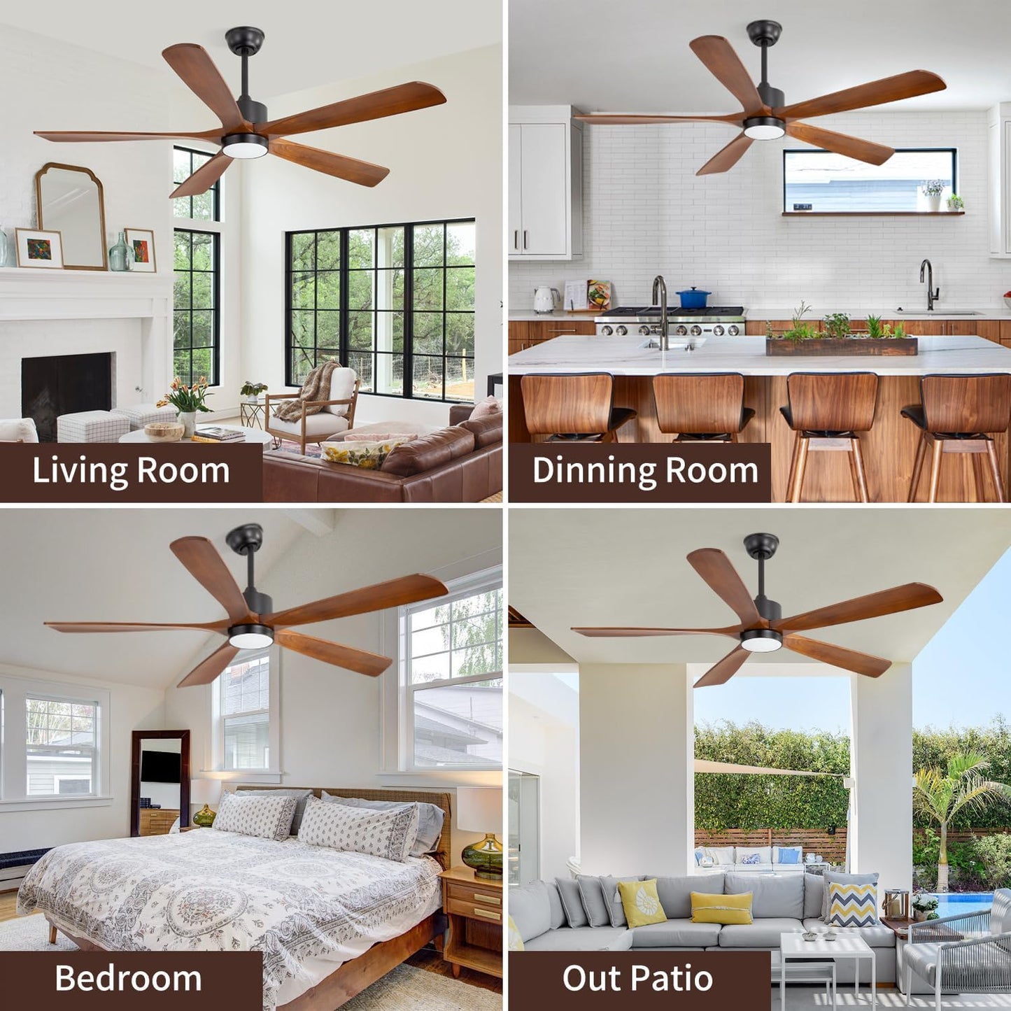 60 inch Ceiling Fan with Light, Natural Solid Wood Blades Outdoor/Indoor Ceiling Fan with Light and Remote, 6 Speeds Qu