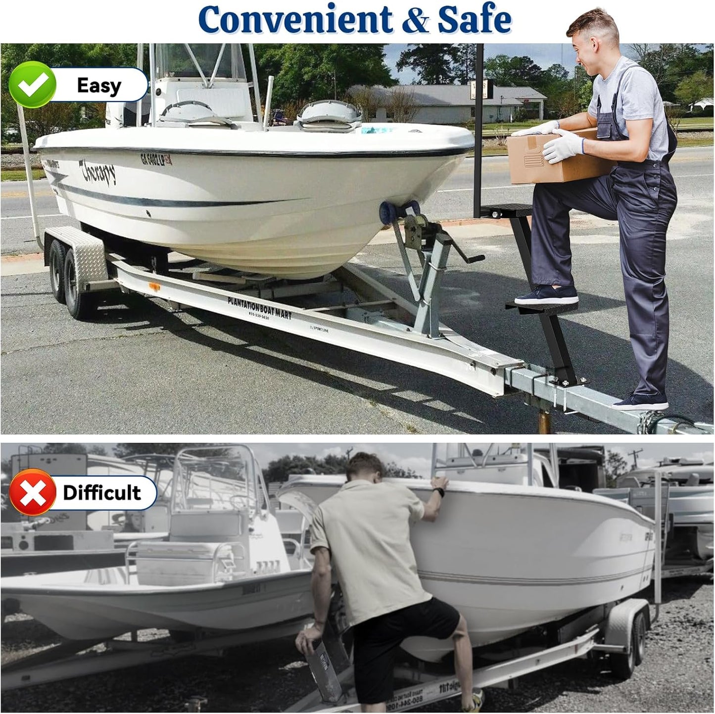Boat Trailer Steps with Handle, Heavy Duty Anti-Slip Boarding Step for Front Trailer Tongue, Easy Install Rust-Proof Board \