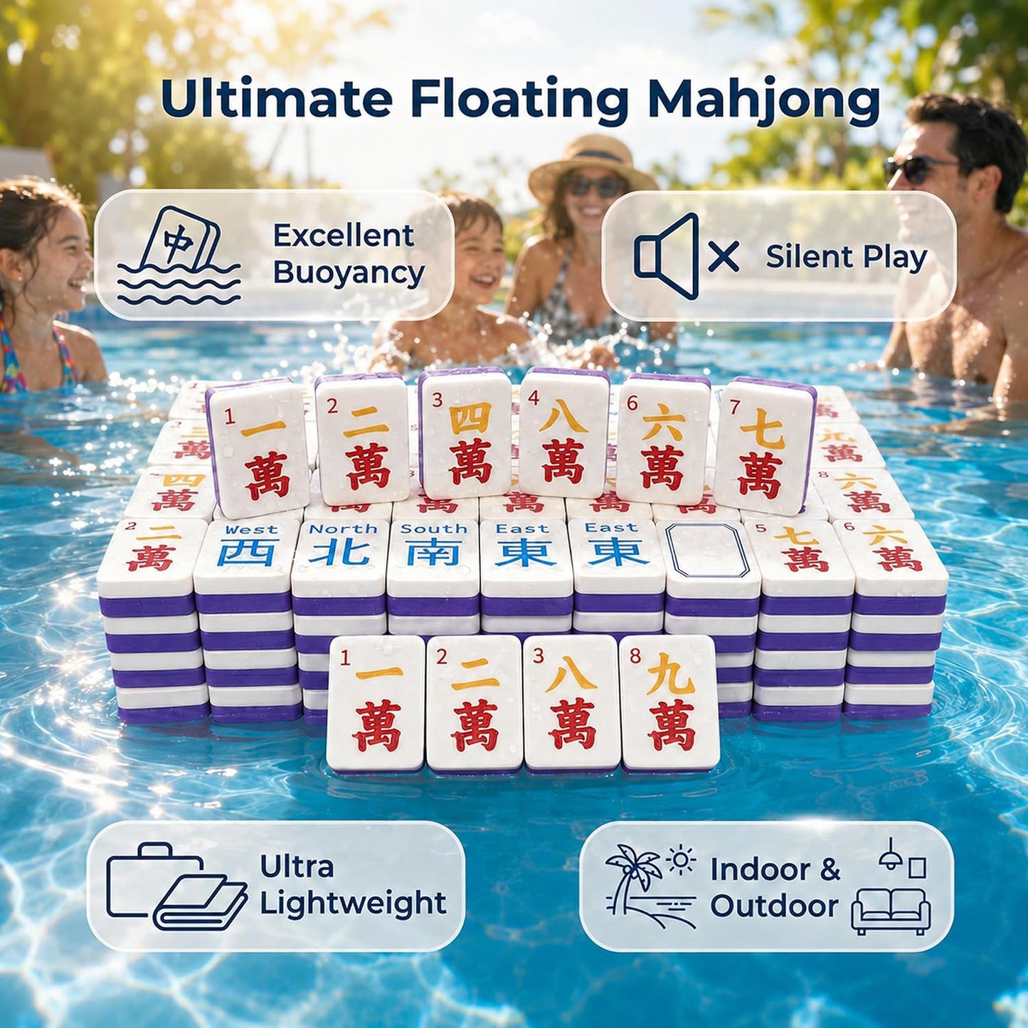 Portable Floating Mahjong Tiles Set, Waterproof Mahjong Set for Water Games, Beach,Indoors, Gift Box Includes Storage Bag & Dice, 1.4 In Floating Mahjong for Pool Parties and Family Gatherings Purple